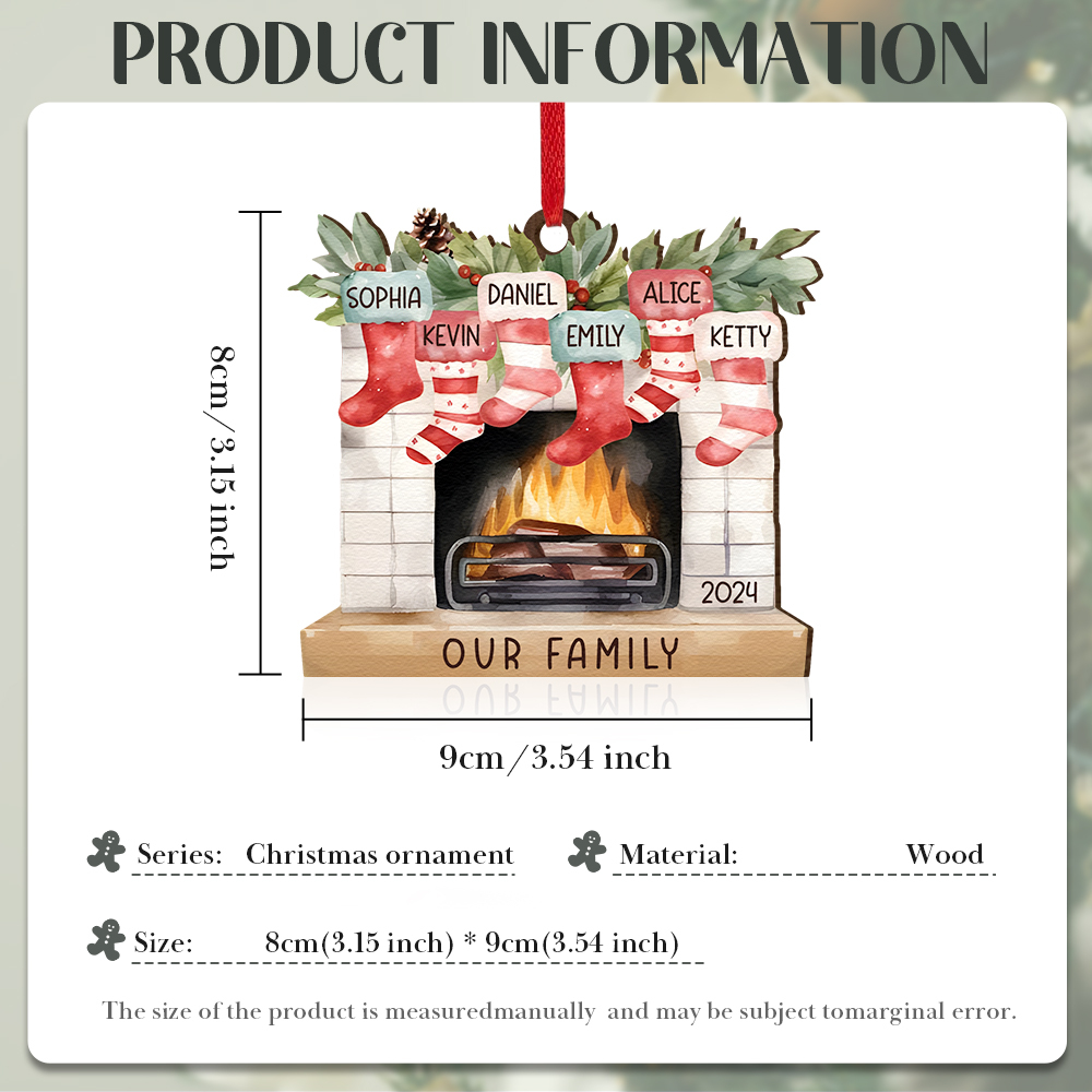 Personalized Christmas Ornament Fireplace Stocking Customized 2-8 Names Wooden Hanging Ornaments Christmas Gift for Family