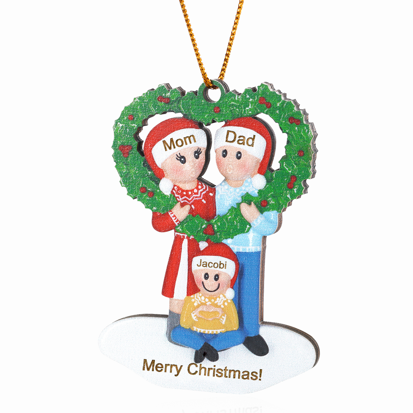 Personalized Wood Christmas Heart Wreath Family Ornament Custom with 3 Names Gift For Families