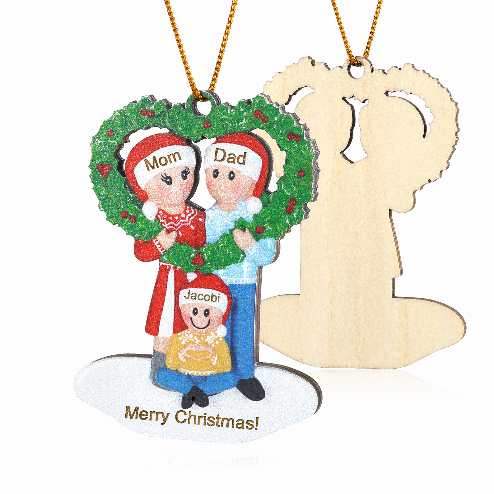Personalized Wood Christmas Heart Wreath Family Ornament Custom with 3 Names Gift For Families