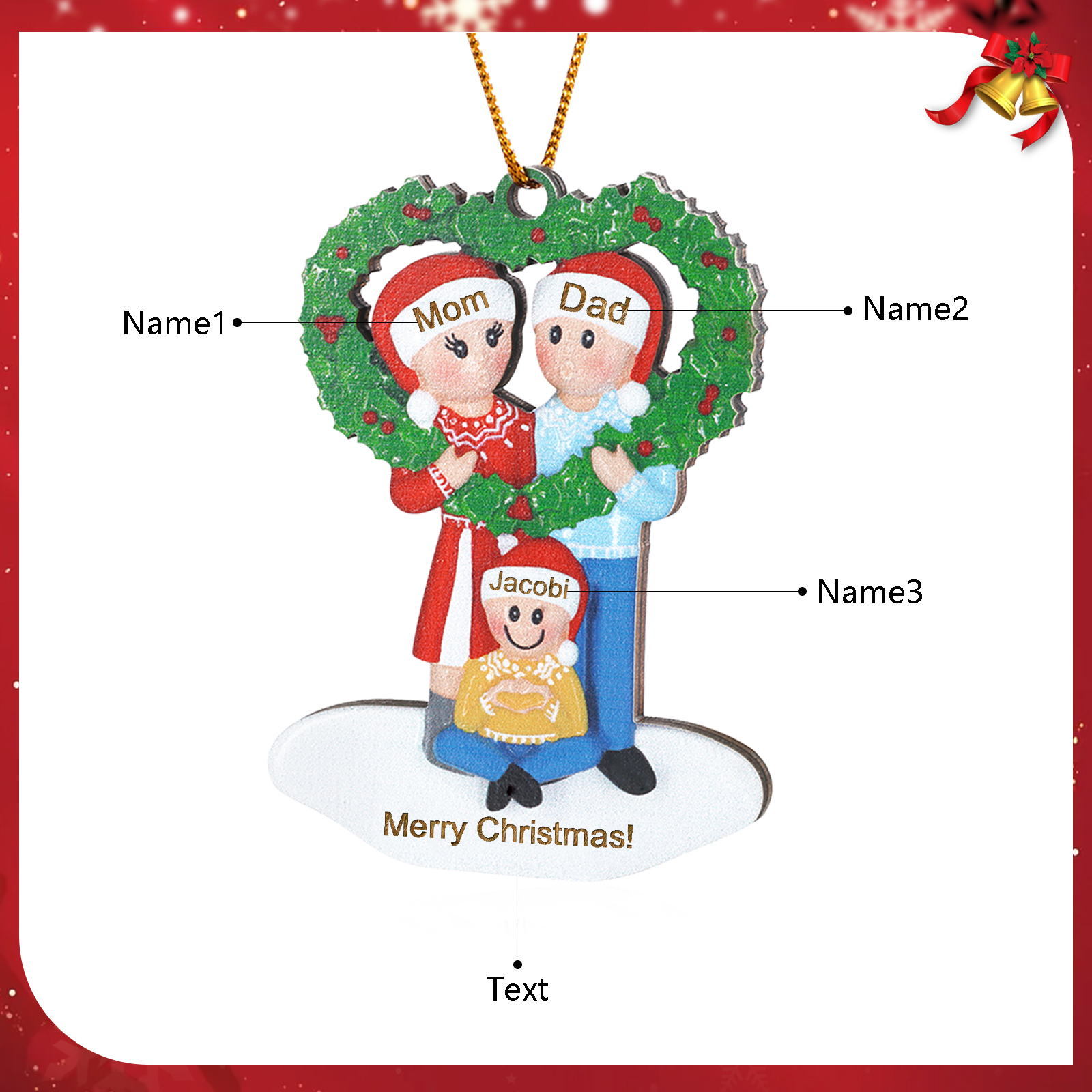 Personalized Wood Christmas Heart Wreath Family Ornament Custom with 3 Names Gift For Families