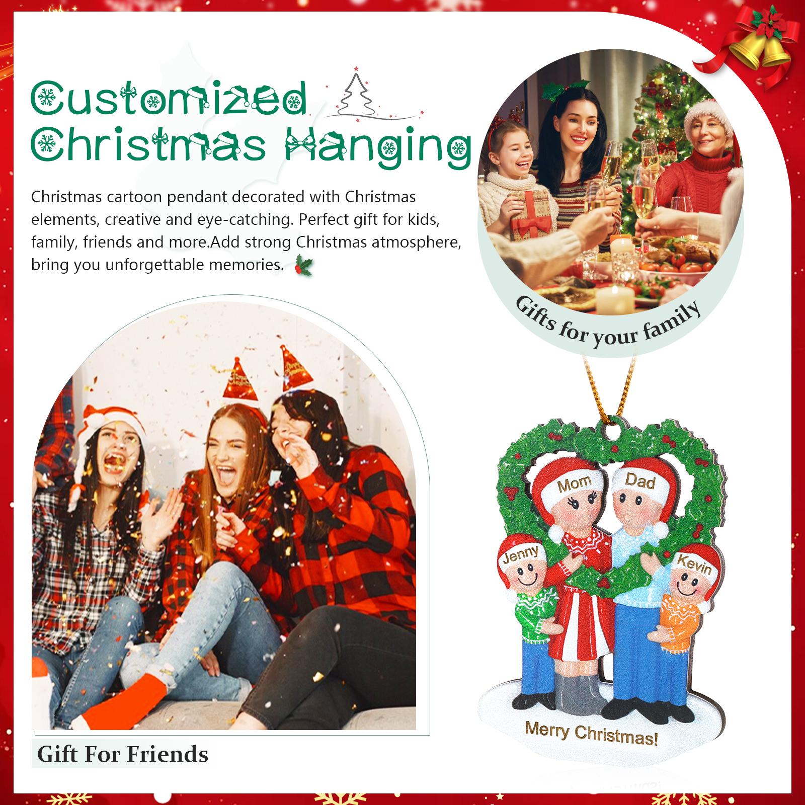 Personalized Wood Christmas Heart Wreath Family Ornament Custom with 4 Names Gift For Families