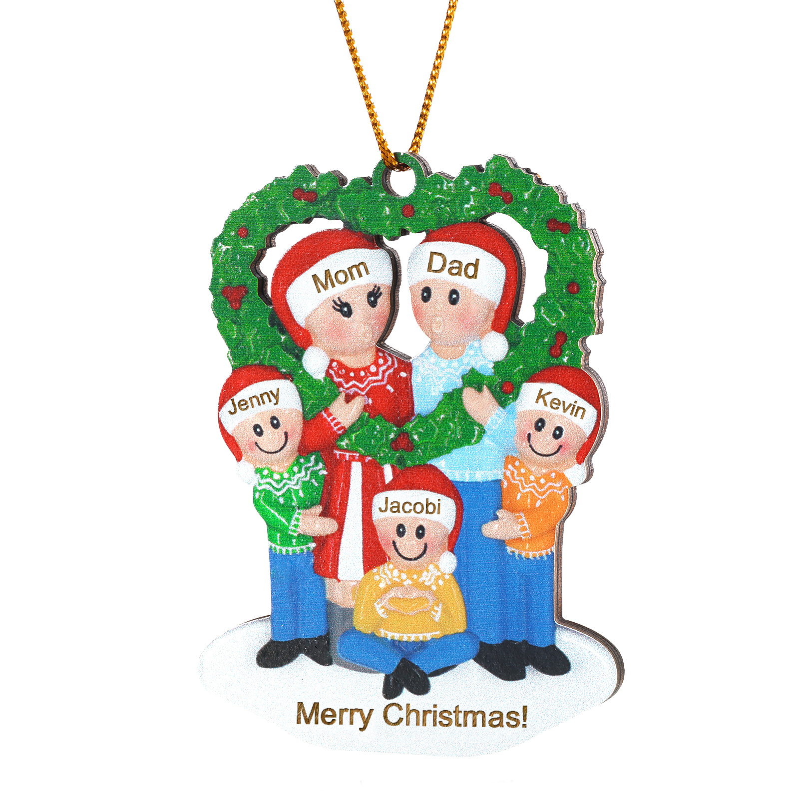 Personalized Wood Christmas Heart Wreath Family Ornament Custom with 5 Names Gift For Families