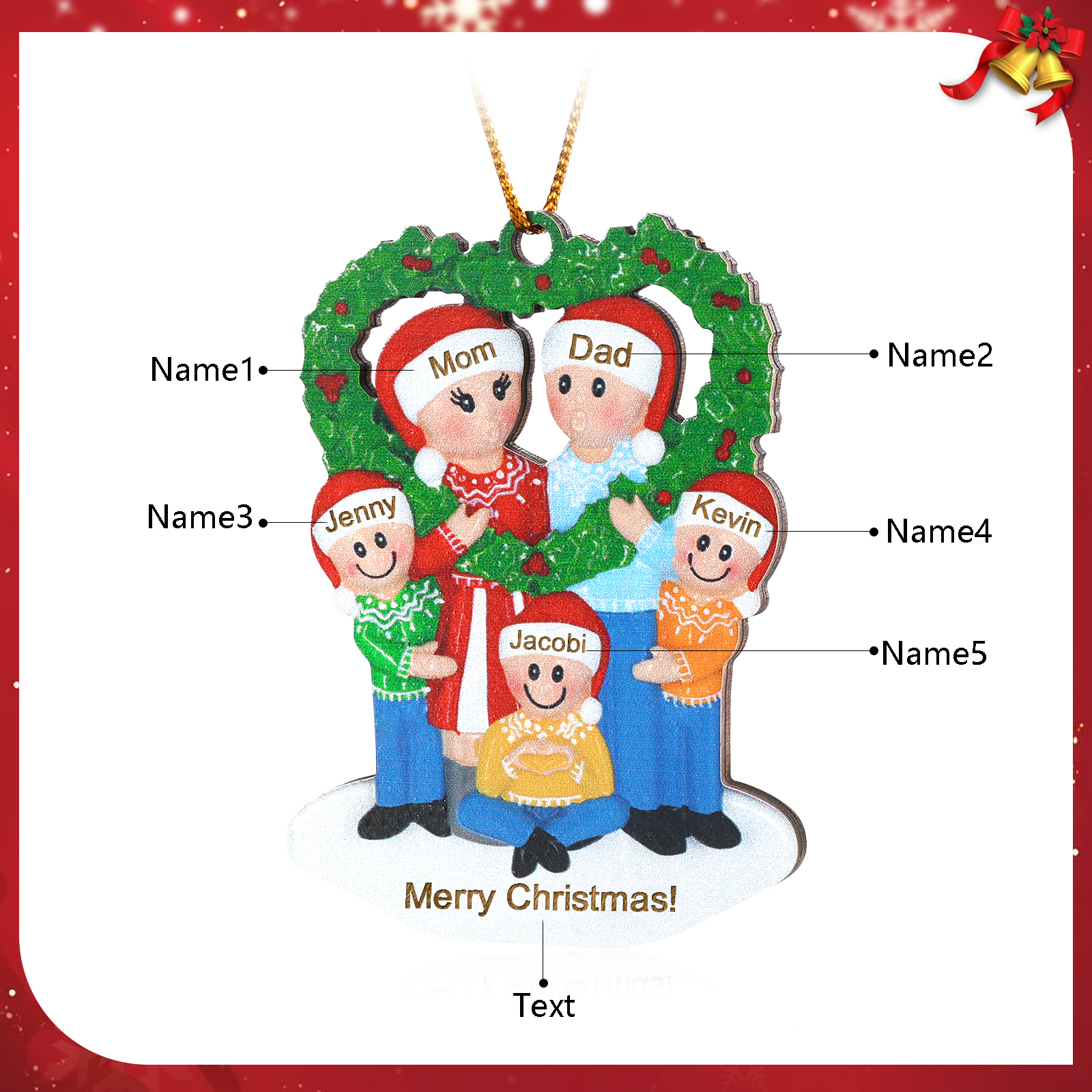 Personalized Wood Christmas Heart Wreath Family Ornament Custom with 5 Names Gift For Families