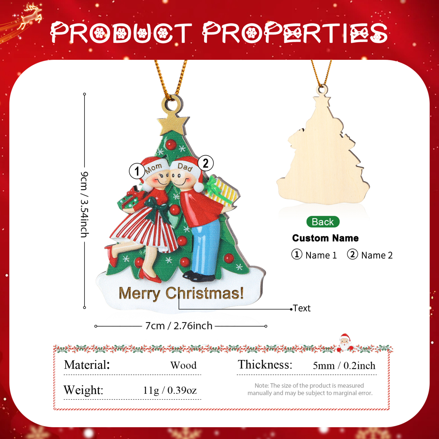 Personalized Wood Christmas Tree Family Ornament Custom with 2 Names Gift For Couple