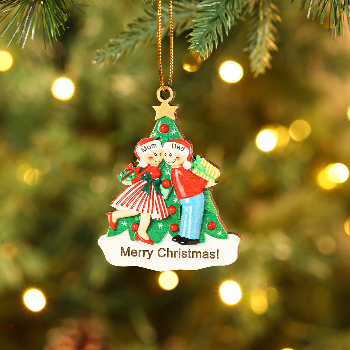 Personalized Wood Christmas Tree Family Ornament Custom with 2 Names Gift For Couple