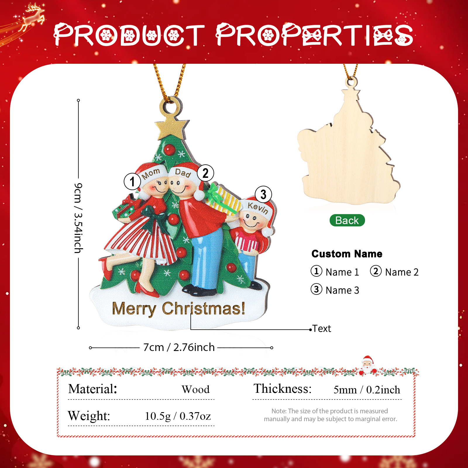 Personalized Wood Christmas Tree Family Ornament Custom with 3 Names Gift For Families