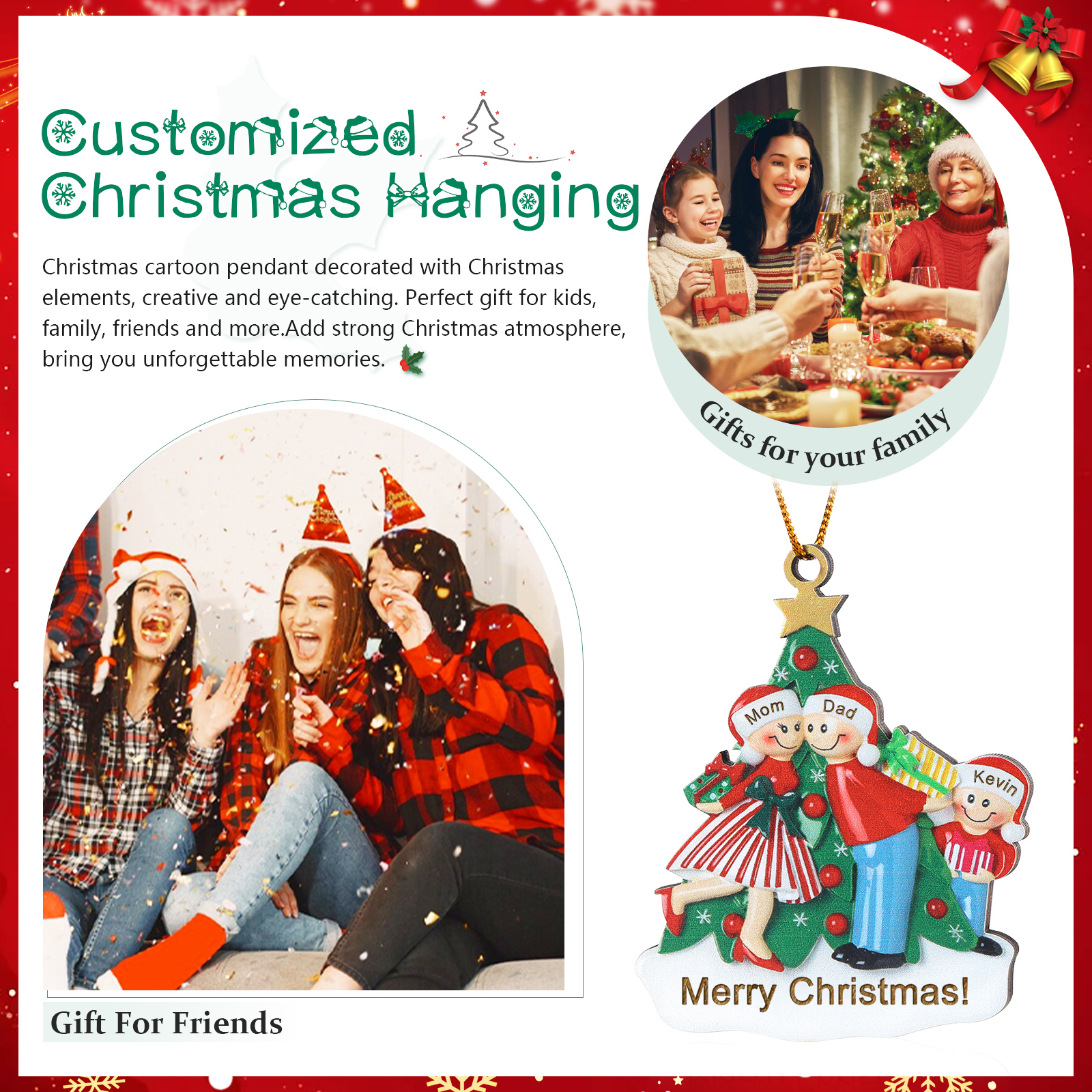 Personalized Wood Christmas Tree Family Ornament Custom with 3 Names Gift For Families