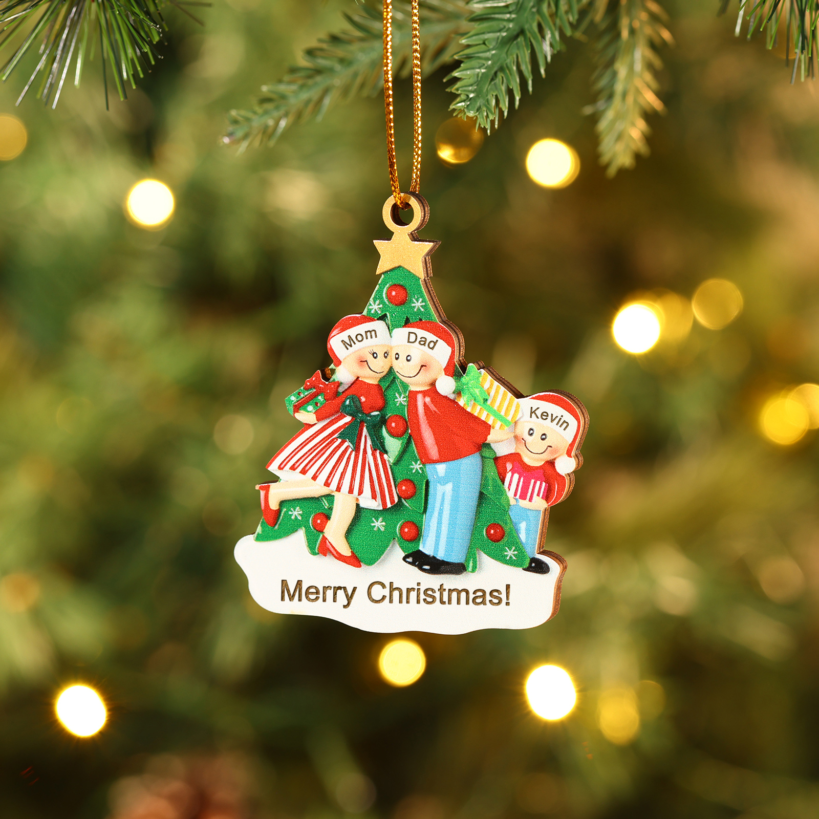 Personalized Wood Christmas Tree Family Ornament Custom with 3 Names Gift For Families