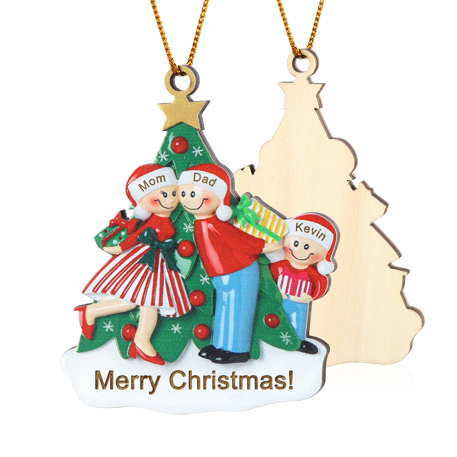 Personalized Wood Christmas Tree Family Ornament Custom with 3 Names Gift For Families