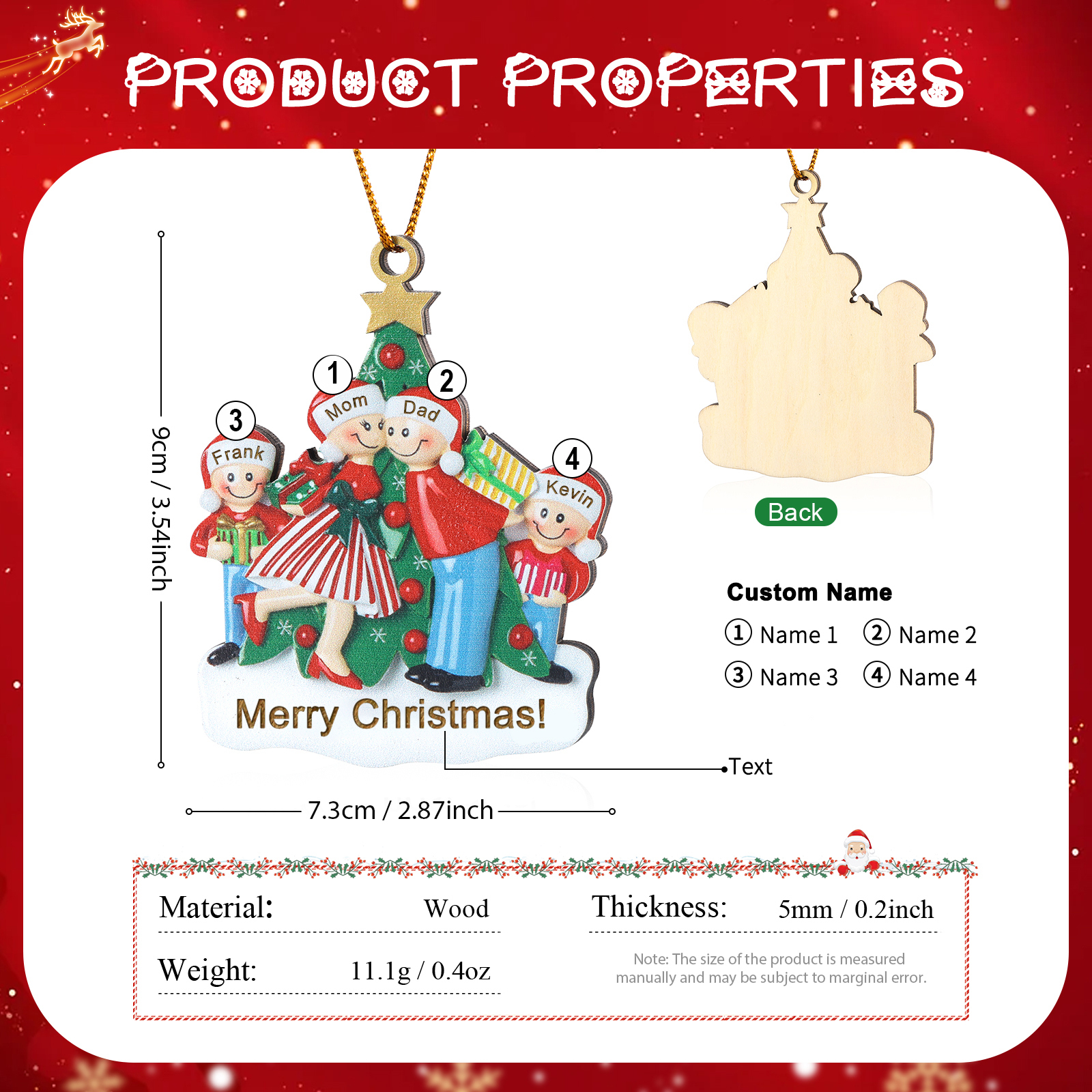 Personalized Wood Christmas Tree Family Ornament Custom with 4 Names Gift For Families