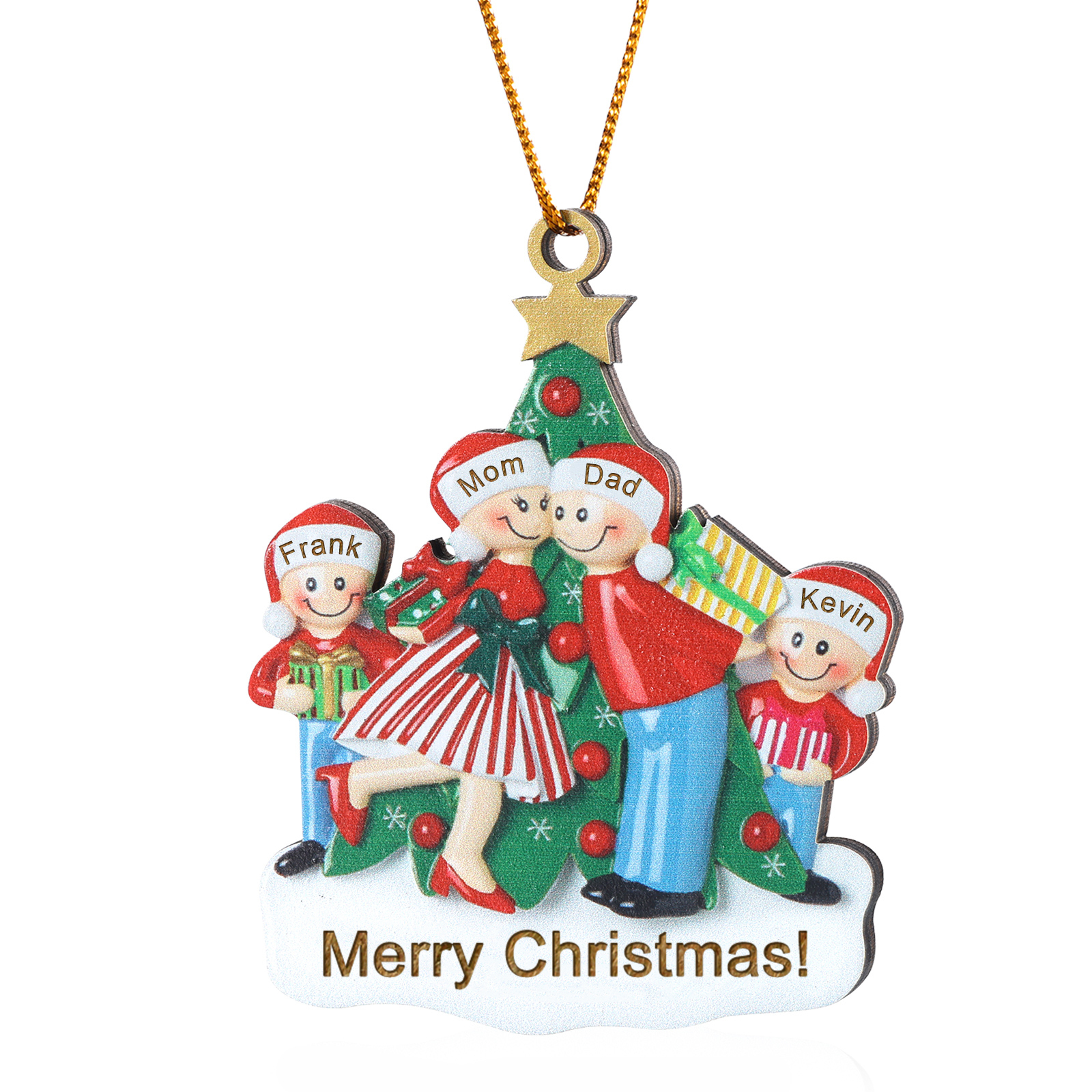 Personalized Wood Christmas Tree Family Ornament Custom with 4 Names Gift For Families