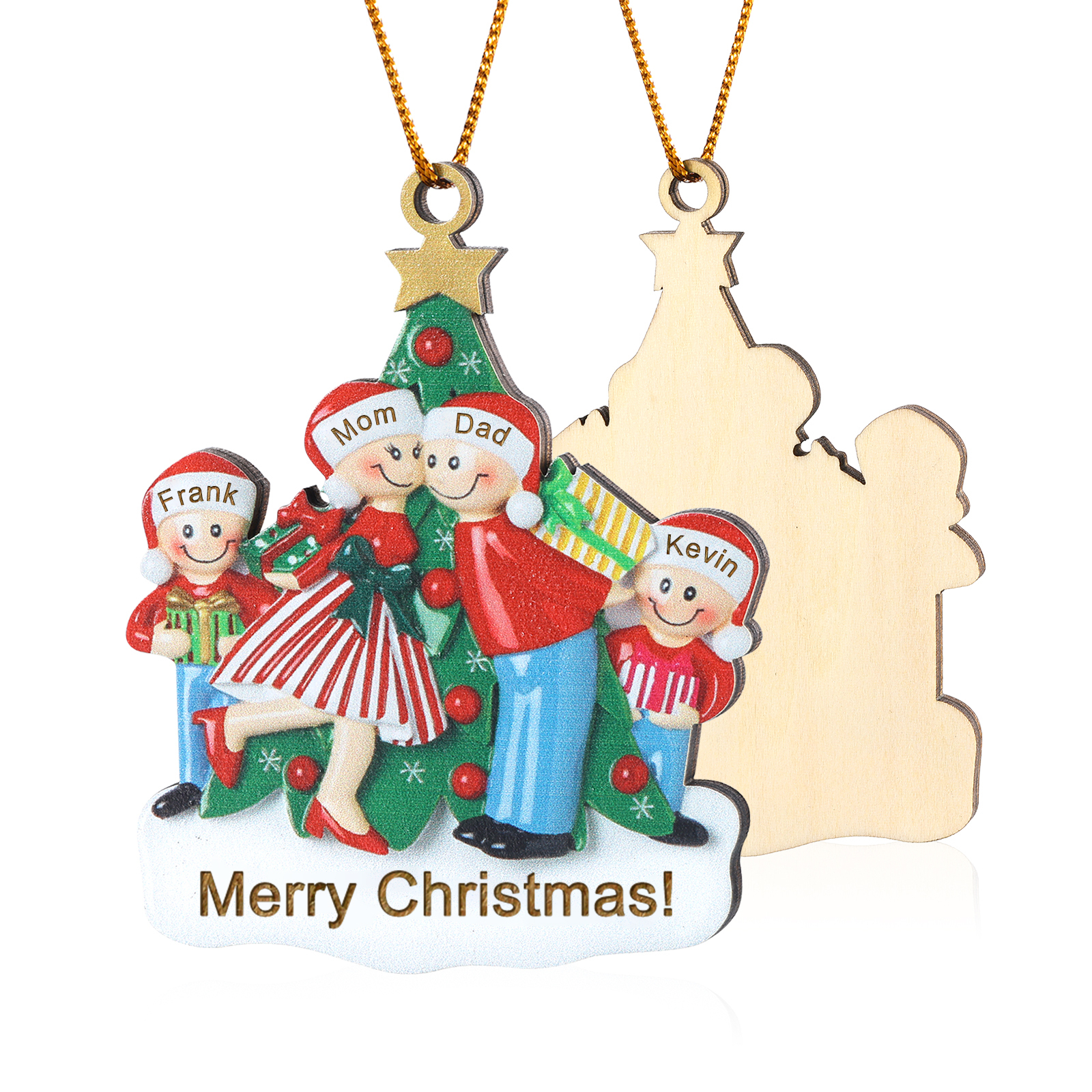 Personalized Wood Christmas Tree Family Ornament Custom with 4 Names Gift For Families