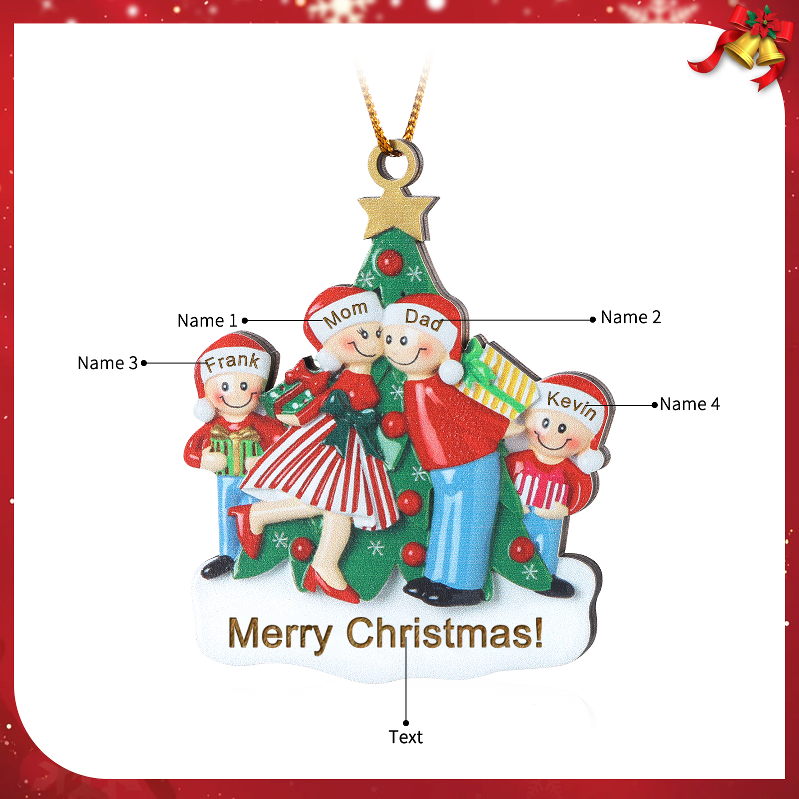 Personalized Wood Christmas Tree Family Ornament Custom with 4 Names Gift For Families