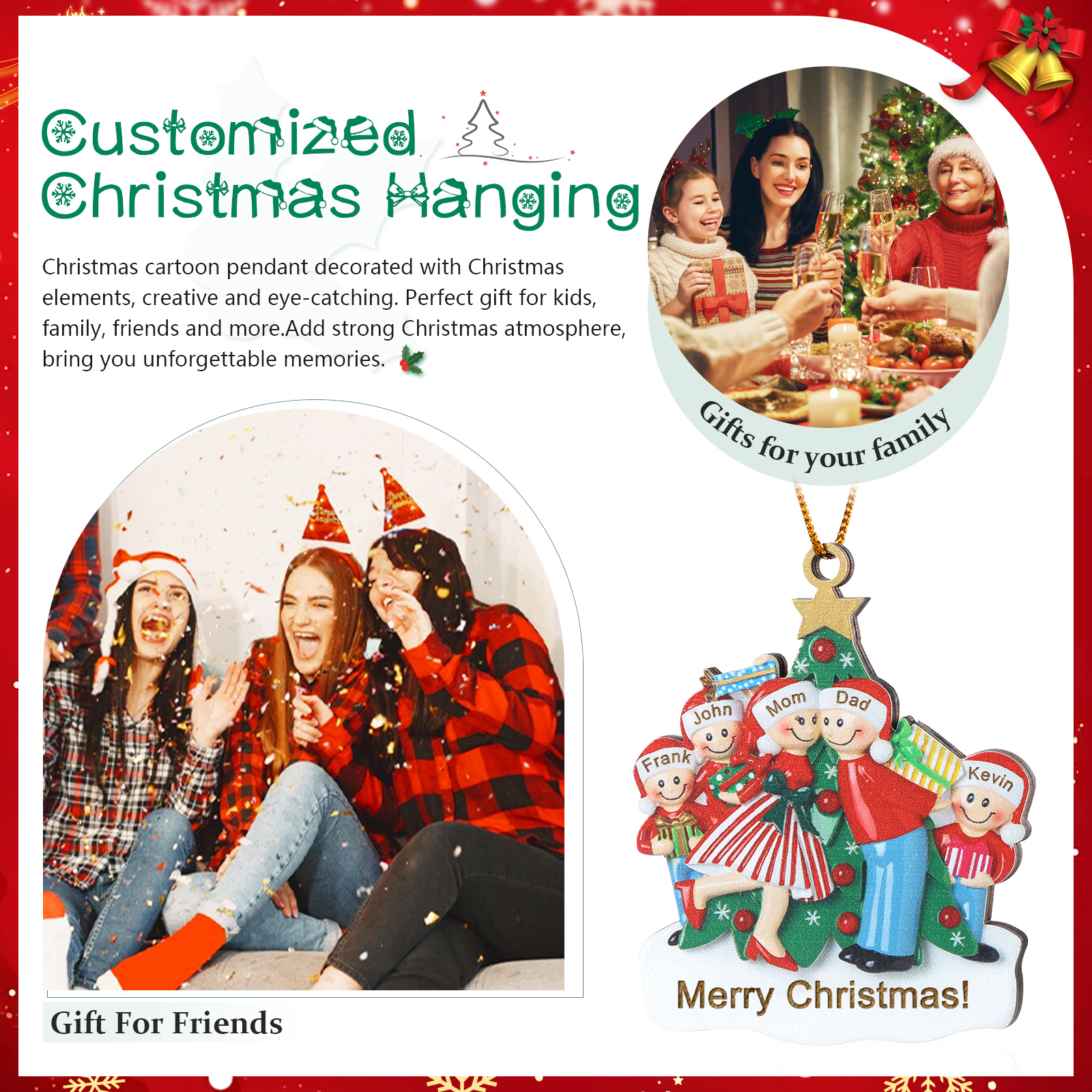 Personalized Wood Christmas Tree Family Ornament Custom with 5 Names Gift For Families