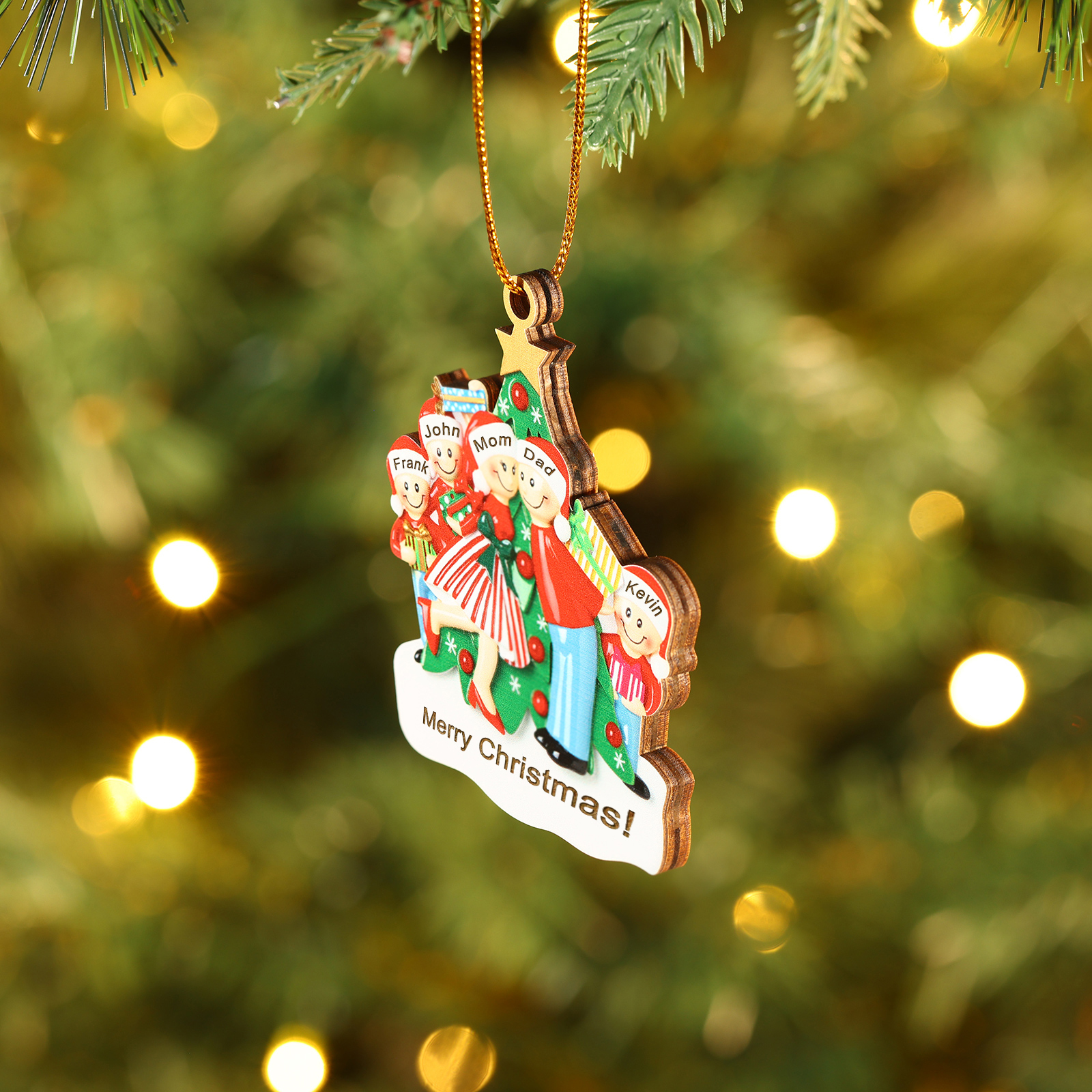Personalized Wood Christmas Tree Family Ornament Custom with 5 Names Gift For Families