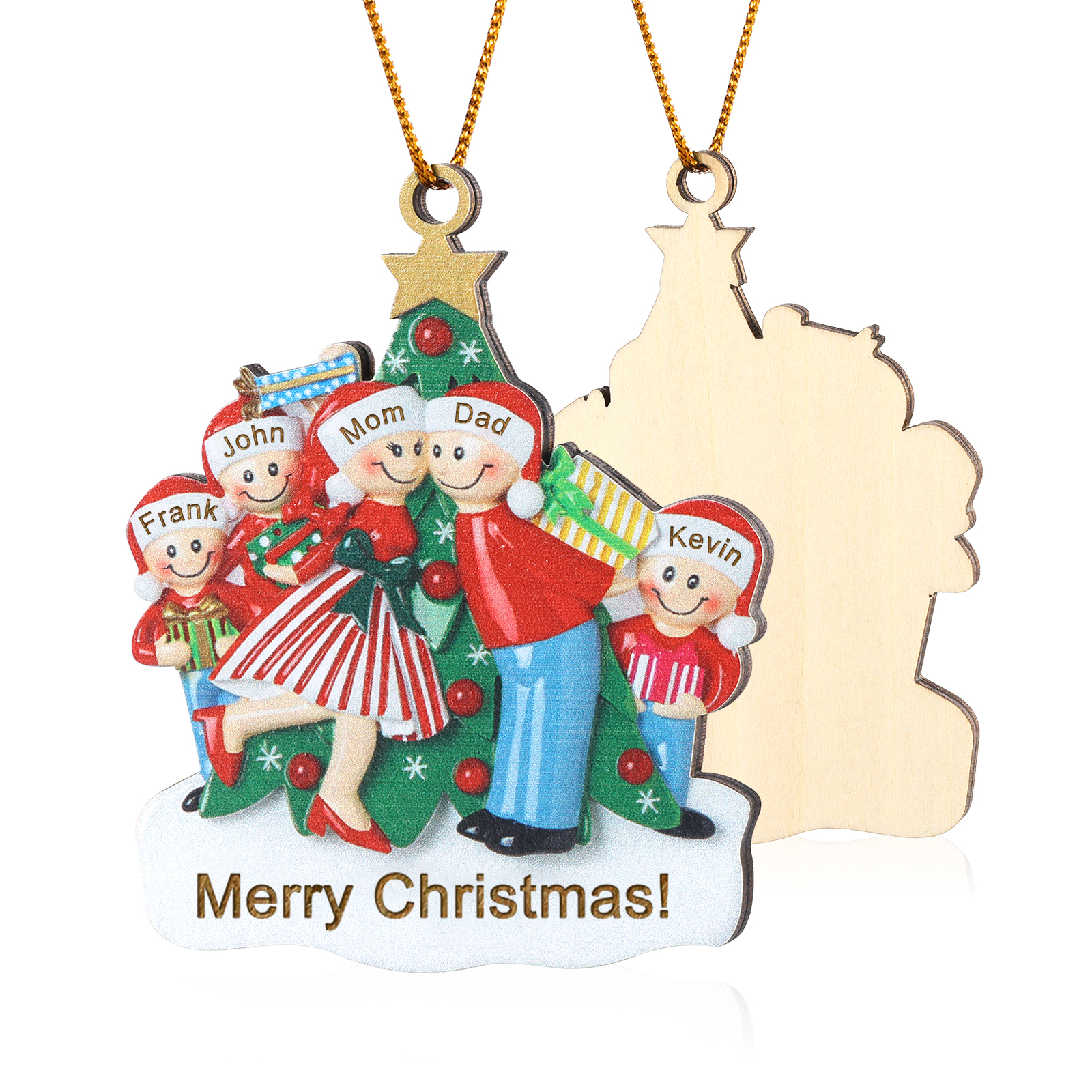 Personalized Wood Christmas Tree Family Ornament Custom with 5 Names Gift For Families