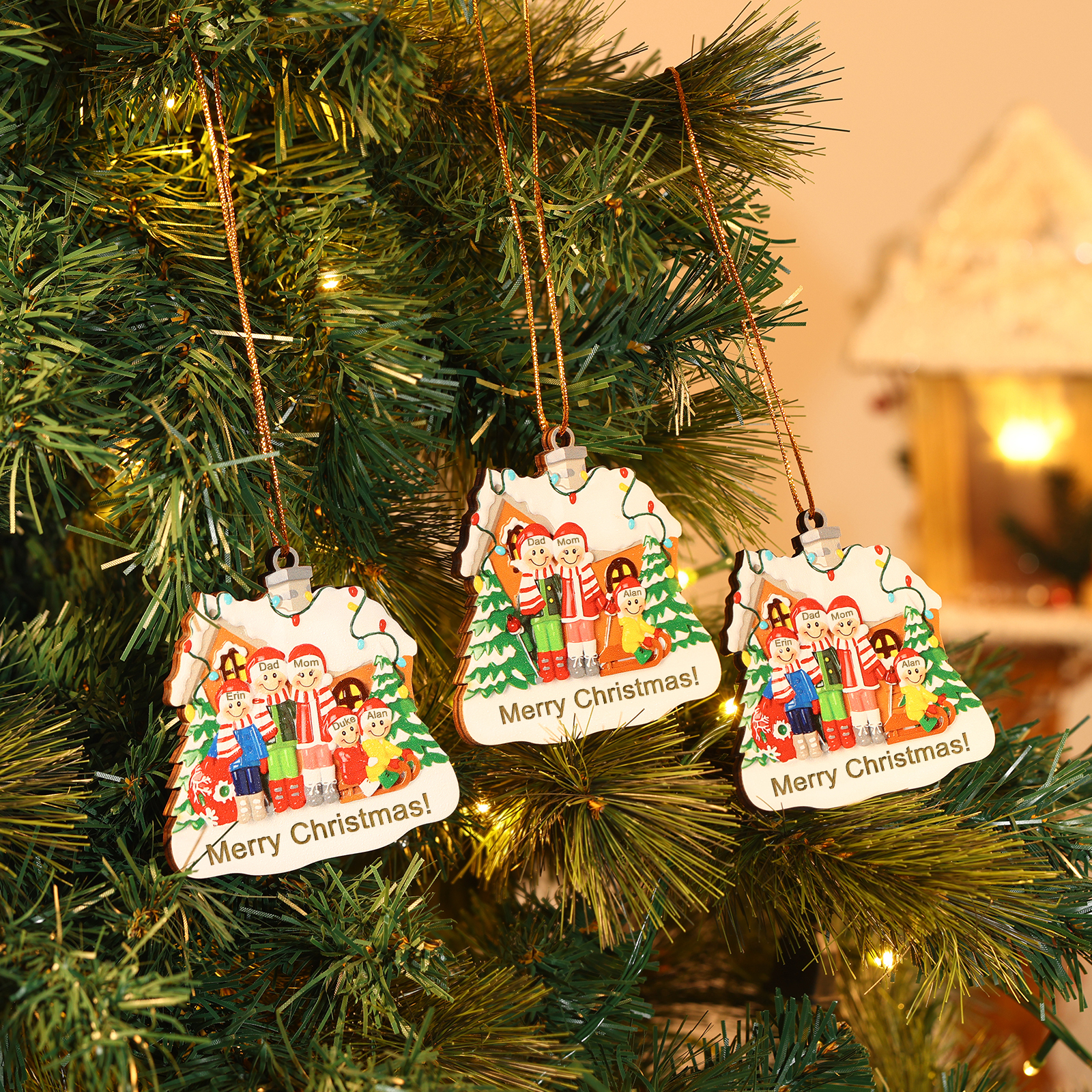 Personalized Wooden Family Christmas Ornament with Custom 3-5 Names Cookie House Ornament