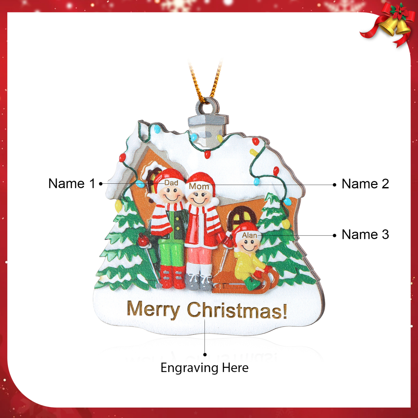 Personalized Wooden Family Christmas Ornament with Custom 3-5 Names Cookie House Ornament