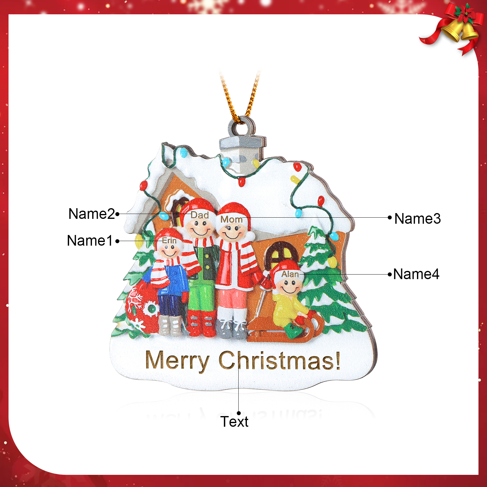 Personalized Wooden Family Christmas Ornament with Custom 3-5 Names Cookie House Ornament