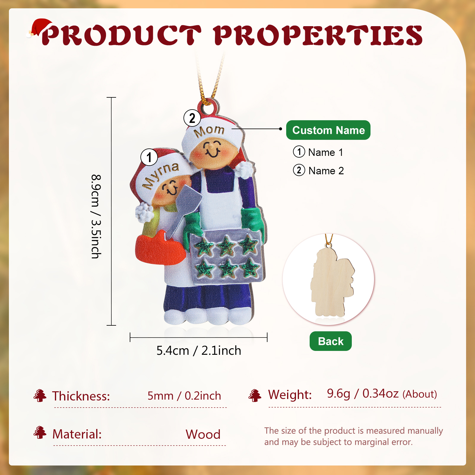 Personalized Wooden Christmas Ornament with Apron Mom & Cookie Customized 2-5 Names