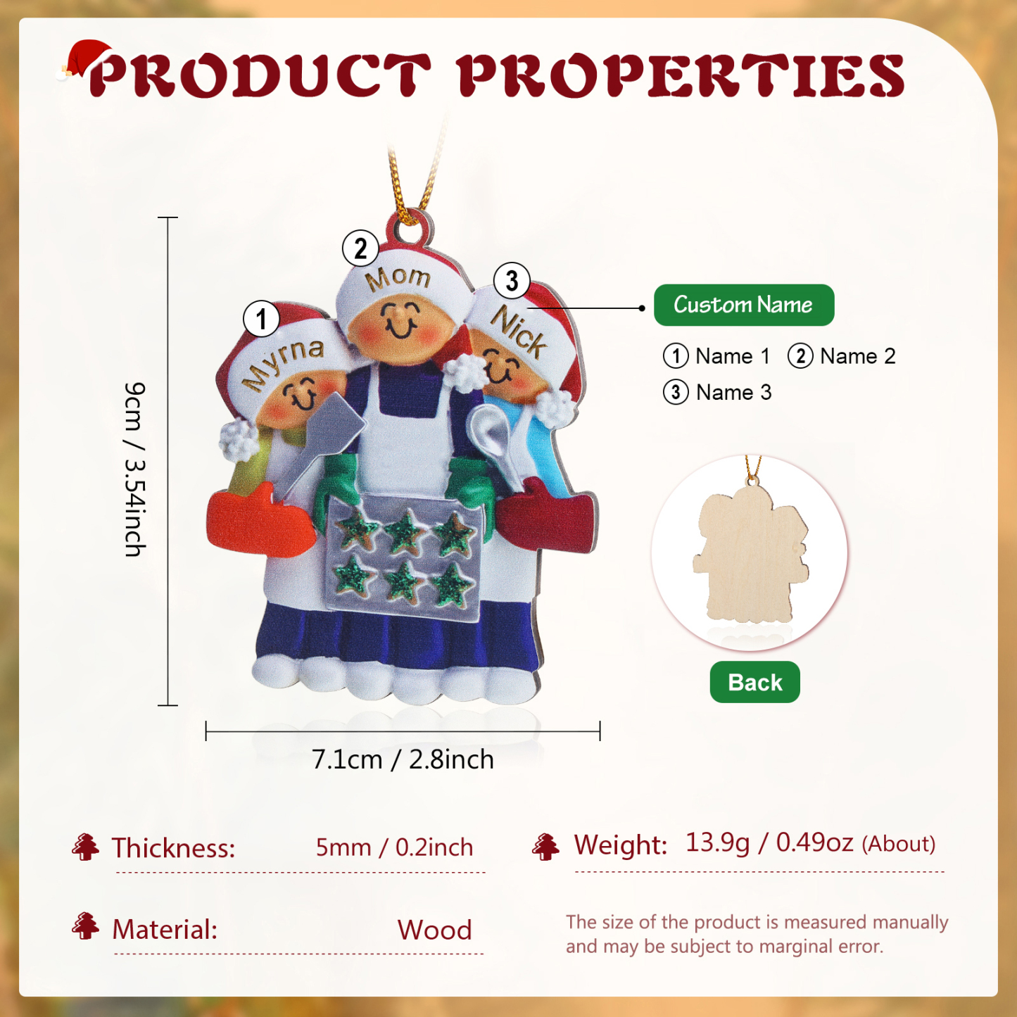 Personalized Wooden Christmas Ornament with Apron Mom & Cookie Customized 2-5 Names