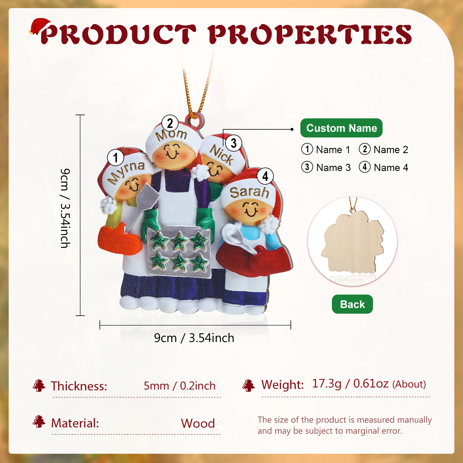 Personalized Wooden Christmas Ornament with Apron Mom & Cookie Customized 2-5 Names