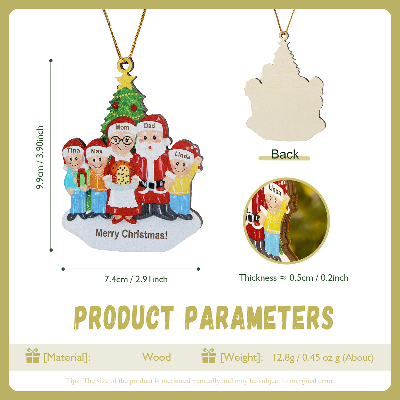 Grandparents Grandchildren Personalized Christmas Ornament with Custom 5 Names Family Wooden Ornament