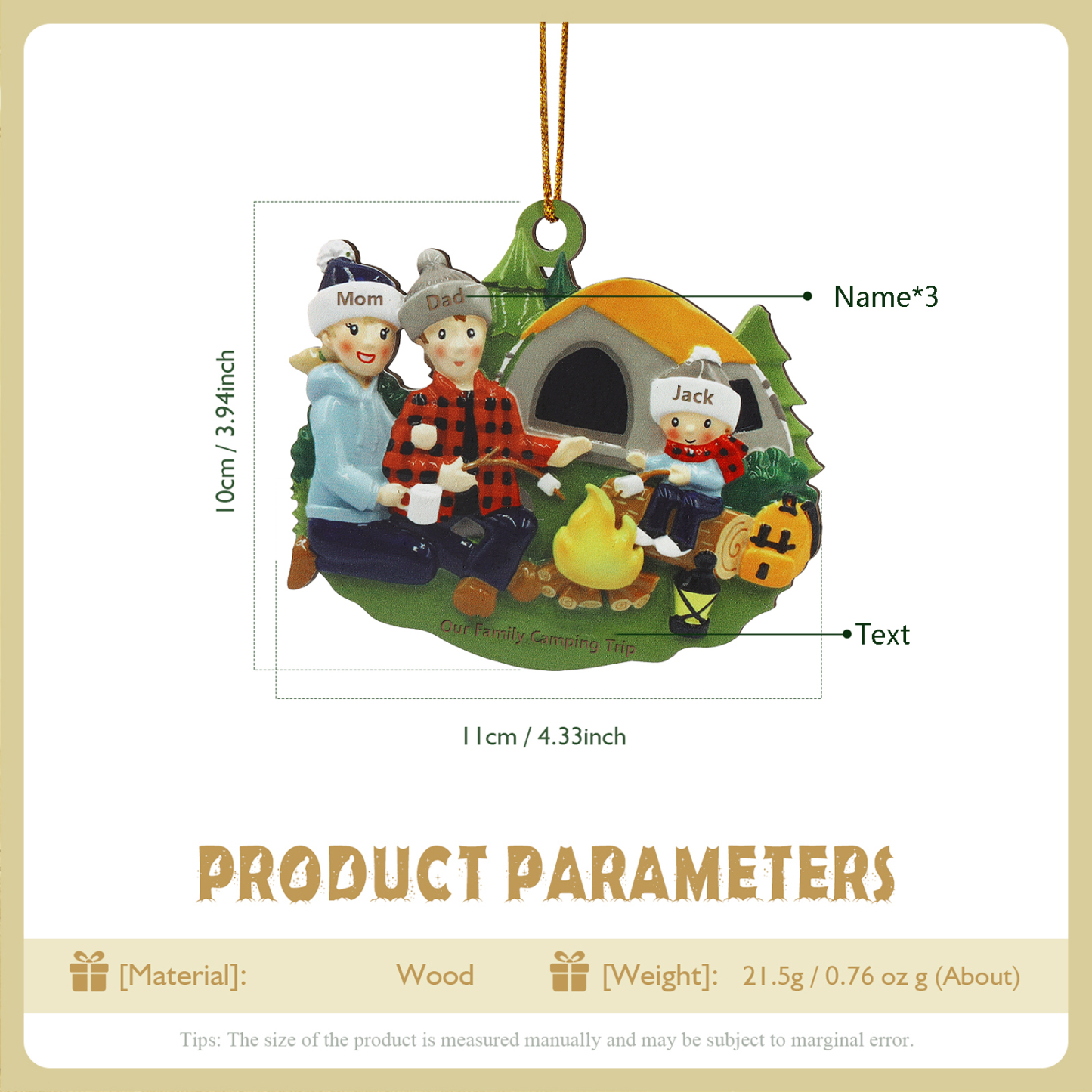 Personalized Wooden Camping Family Christmas Ornament with 3 Names Parents with 1 Kid