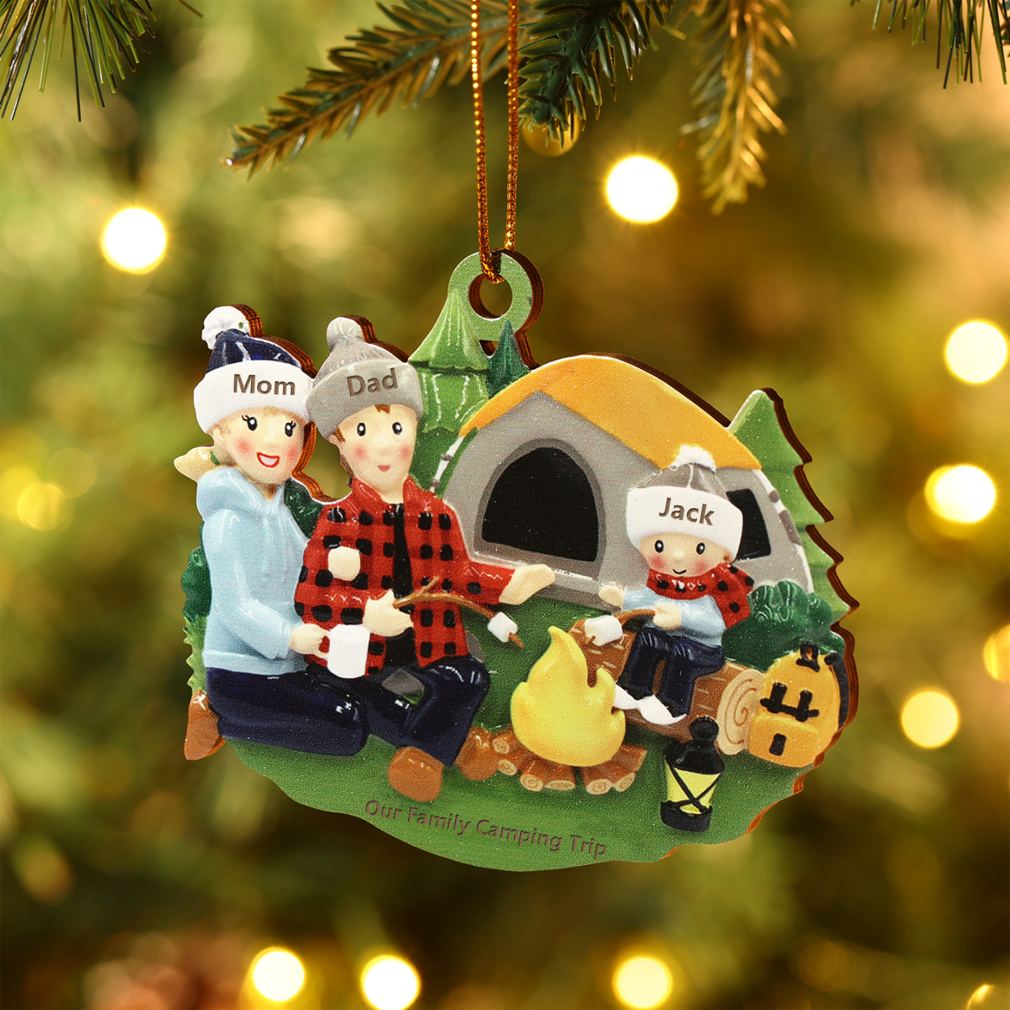 Personalized Wooden Camping Family Christmas Ornament with 3 Names Parents with 1 Kid