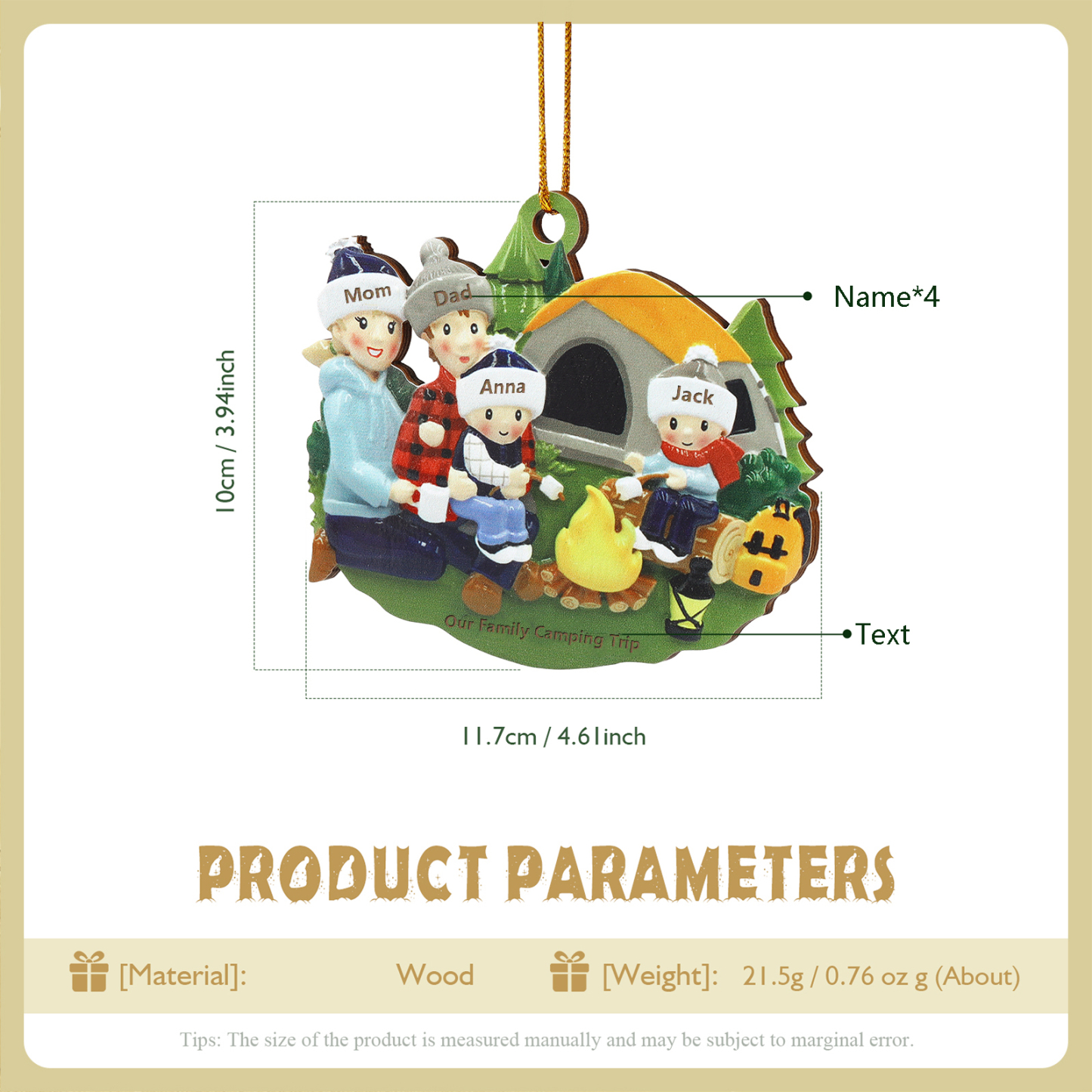 Personalized Wooden Camping Family Christmas Ornament with 4 Names Parents with 2 Kids