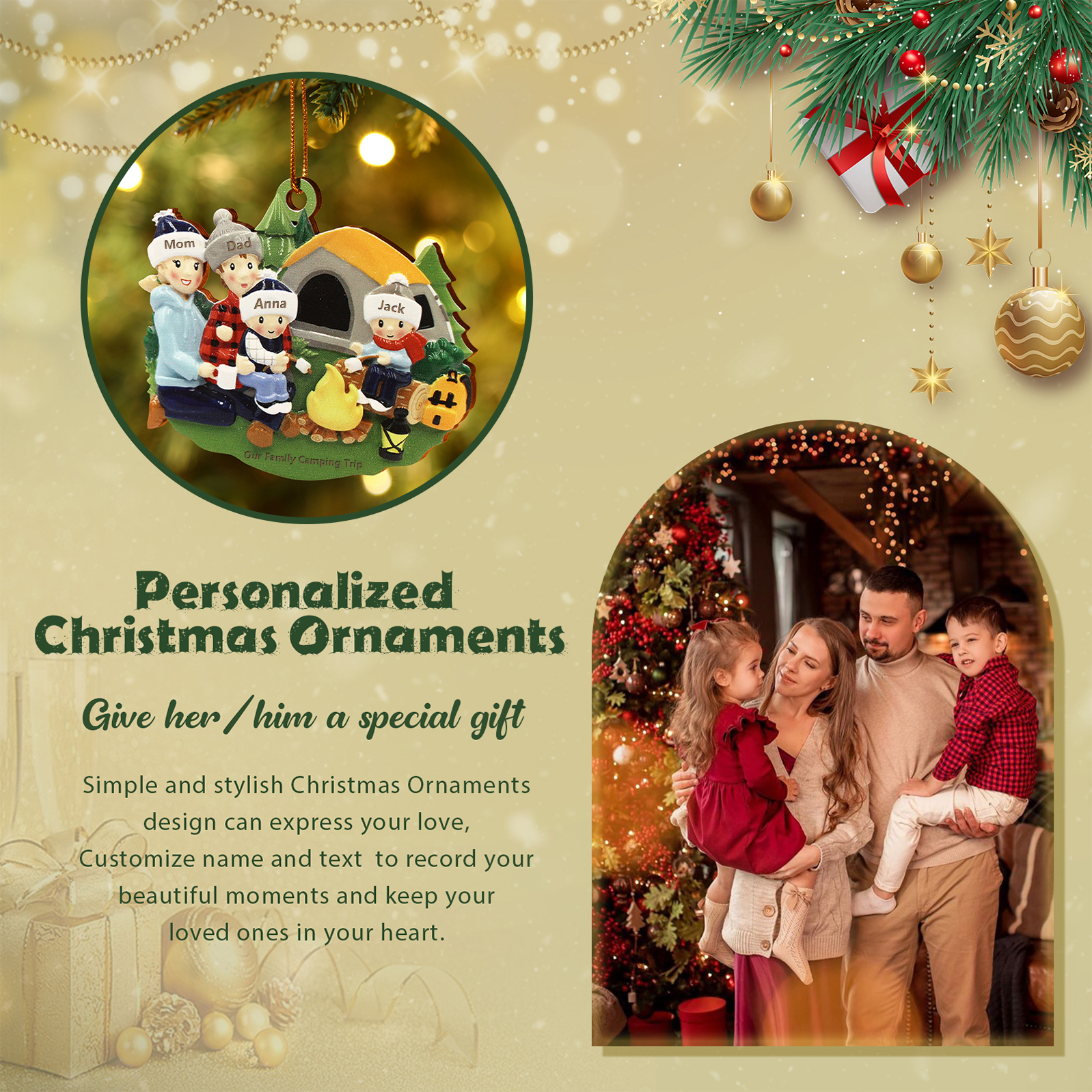 Personalized Wooden Camping Family Christmas Ornament with 4 Names Parents with 2 Kids