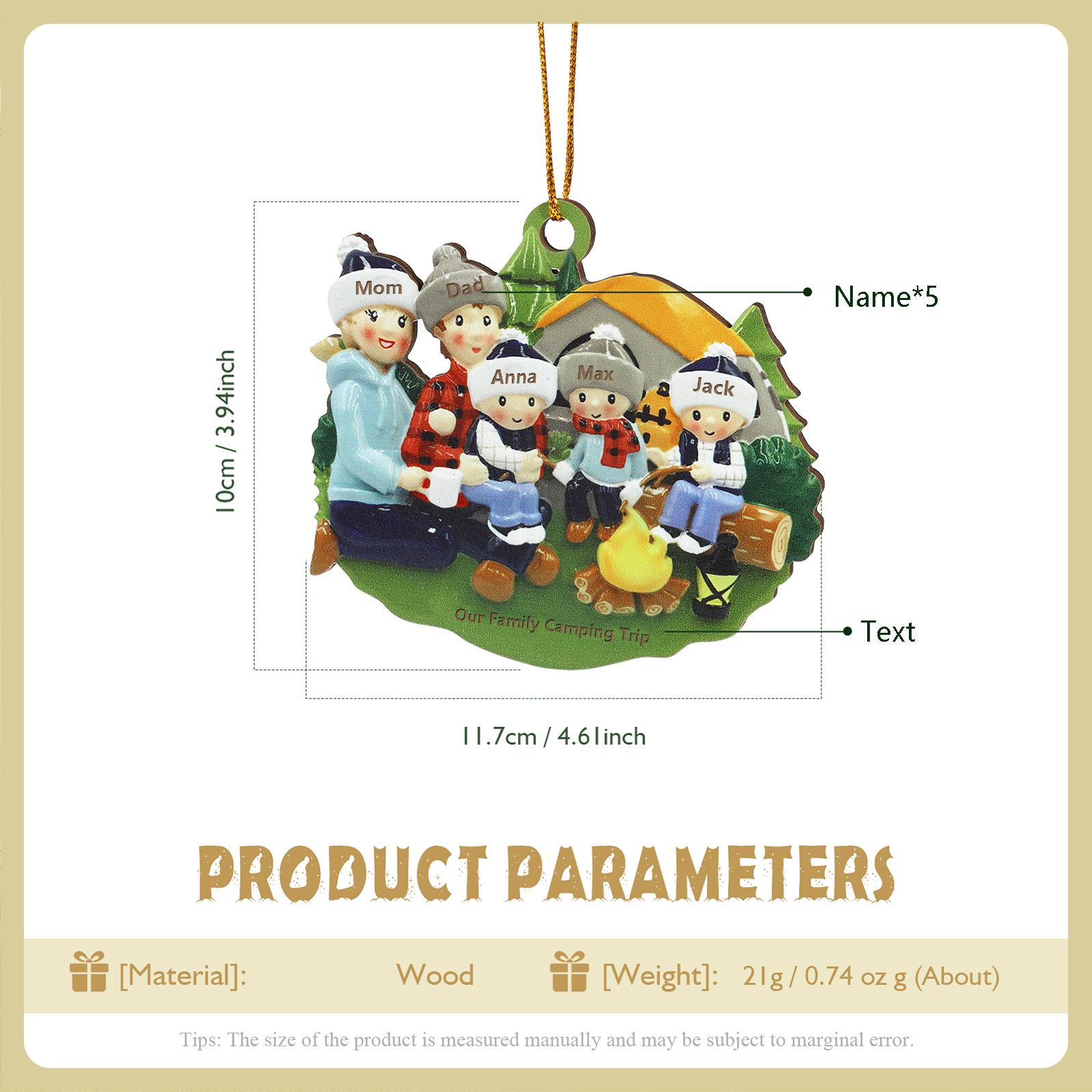 Personalized Wooden Camping Family Christmas Ornament with 5 Names Parents with 3 Kids