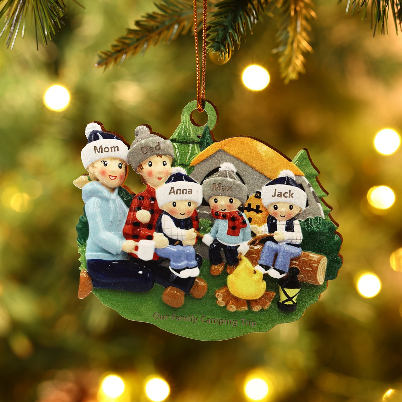 Personalized Wooden Camping Family Christmas Ornament with 5 Names Parents with 3 Kids