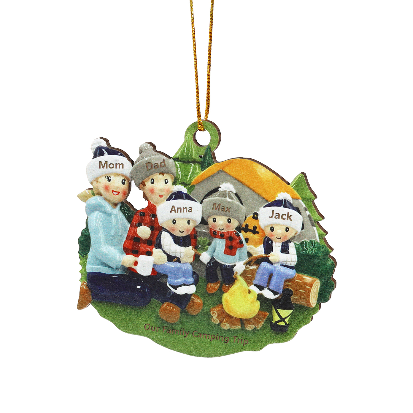 Personalized Wooden Camping Family Christmas Ornament with 5 Names Parents with 3 Kids