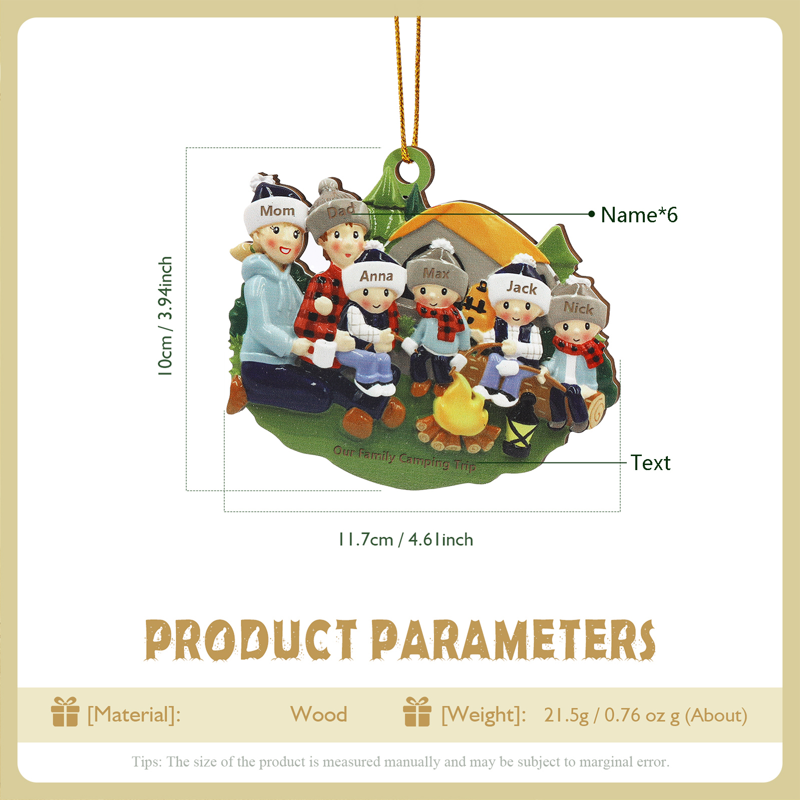 Personalized Wooden Camping Family Christmas Ornament with 6 Names Parents with 4 Kids