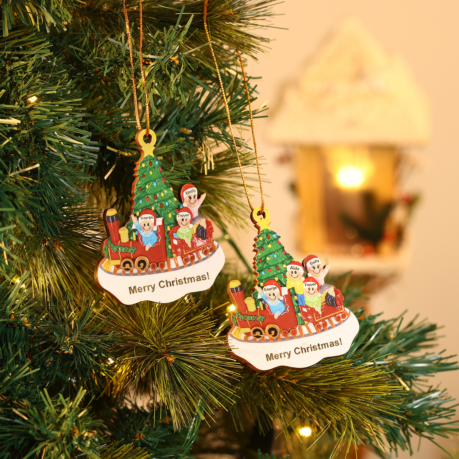 Personalized Wooden Family Christmas Ornament with Custom 3-4 Names Train and Christmas Tree Ornament
