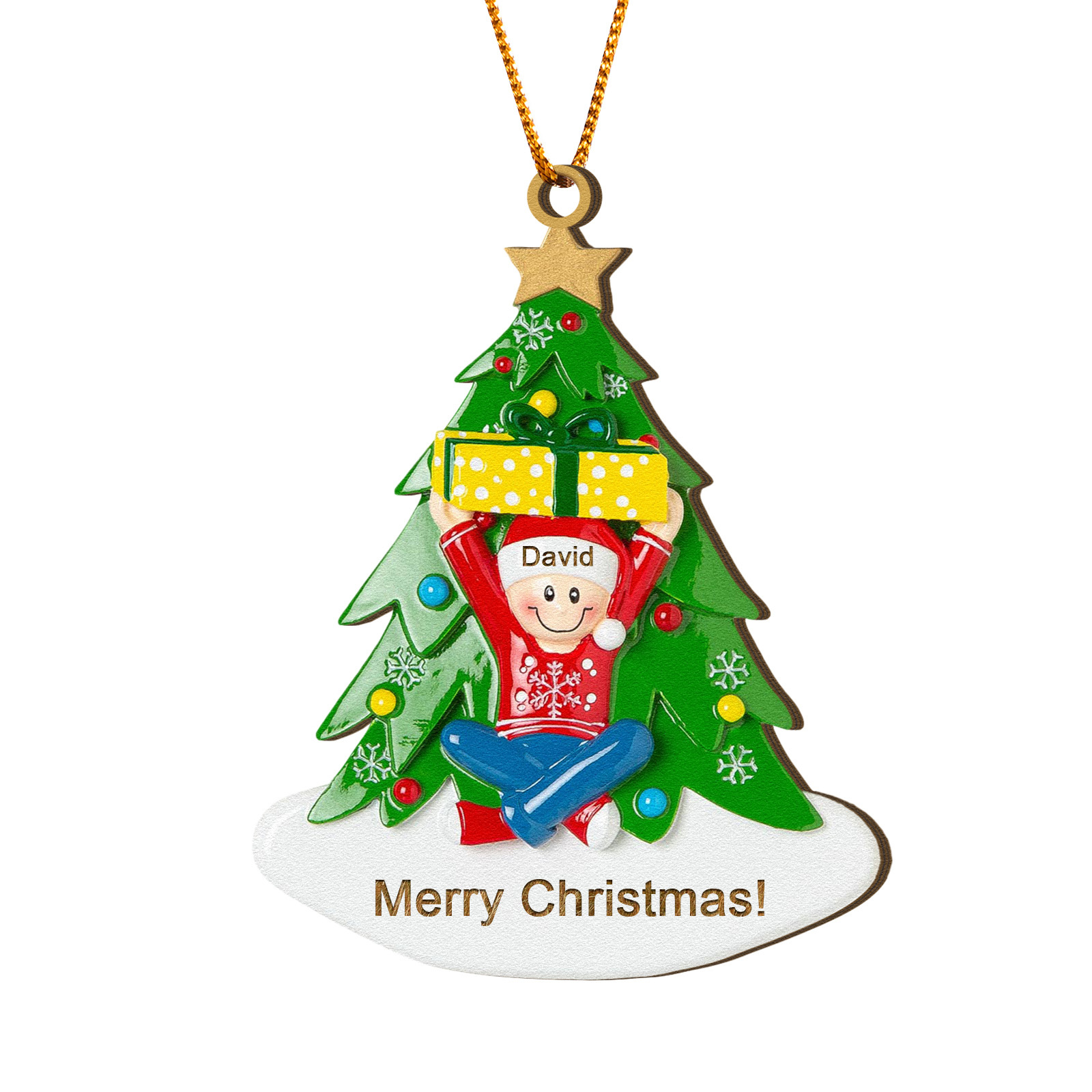 Personalized Wood Ornament Christmas Tree with Presents Ornament Custom 1 Family Name Gift