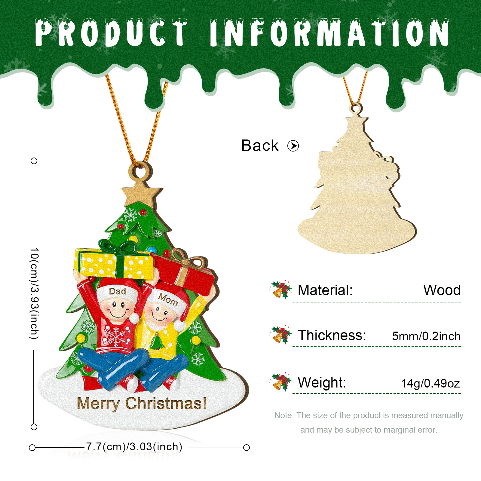 Personalized Wood Ornament Christmas Tree with Presents Ornament Custom 2 Family Name Gift