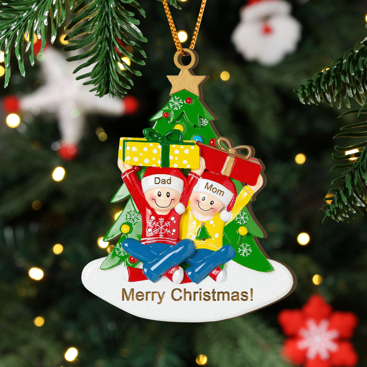 Personalized Wood Ornament Christmas Tree with Presents Ornament Custom 2 Family Name Gift