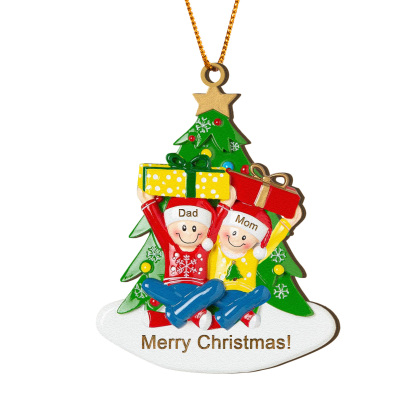 Personalized Wood Ornament Christmas Tree with Presents Ornament Custom 2 Family Name Gift
