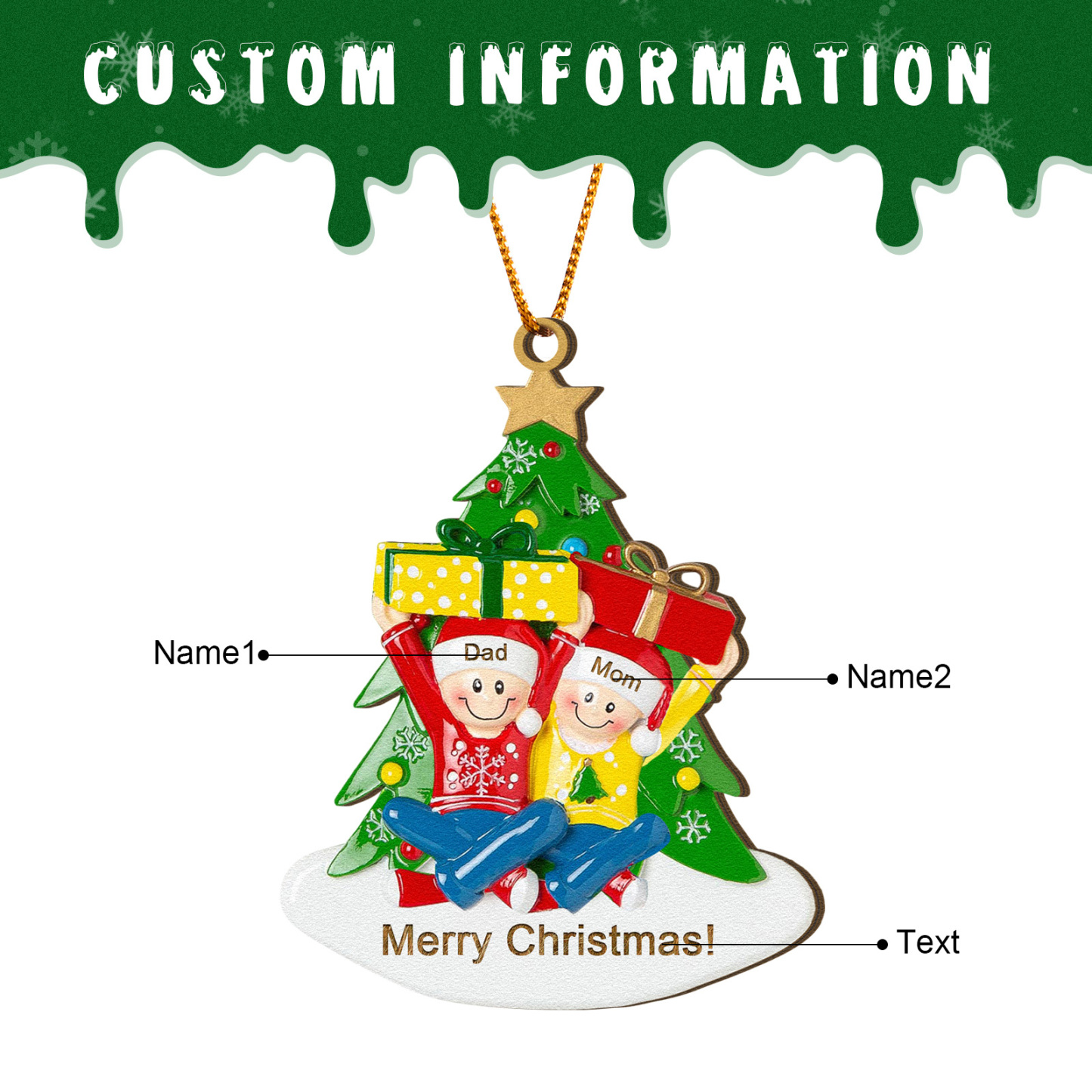 Personalized Wood Ornament Christmas Tree with Presents Ornament Custom 2 Family Name Gift