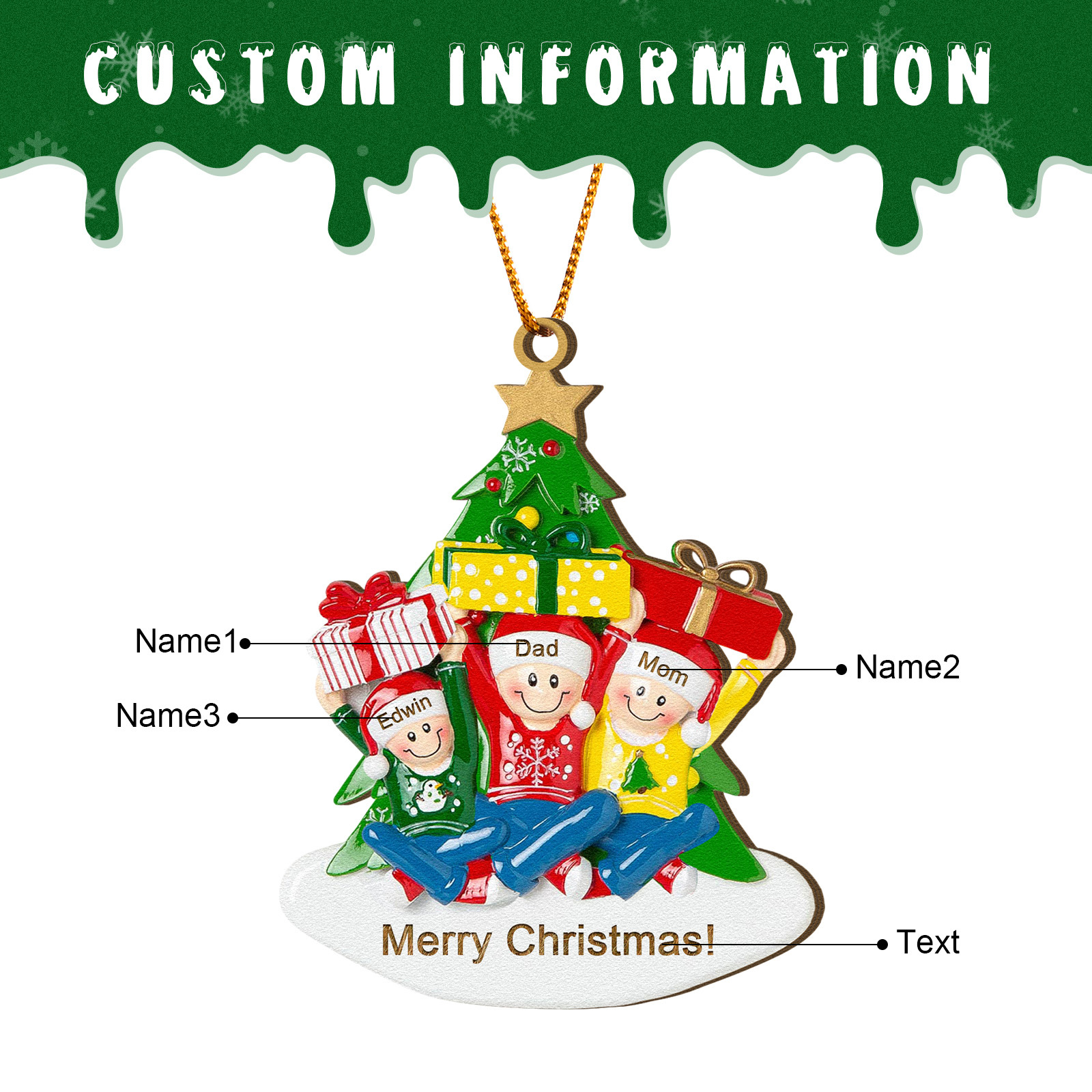 Personalized Wood Ornament Christmas Tree with Presents Ornament Custom 3 Family Name Gift