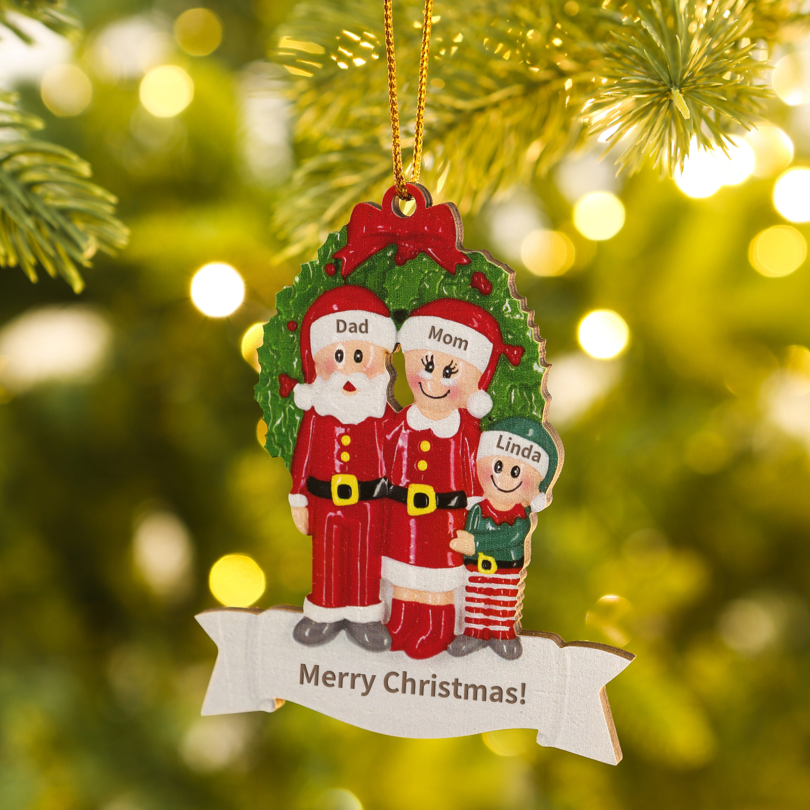 Personalized Family Wooden Christmas Ornament with Custom 3 Names Wreath Ornament