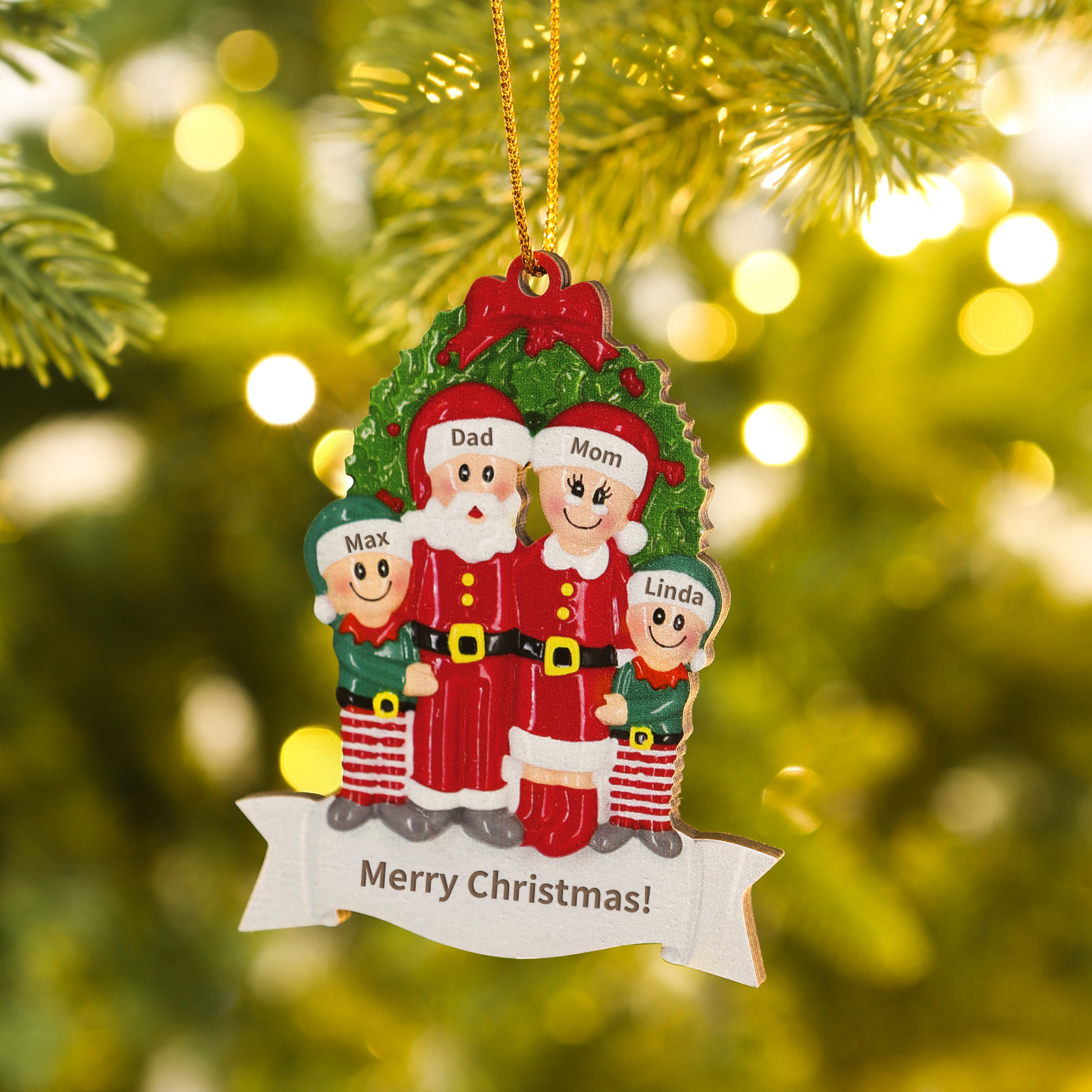 Personalized Family Wooden Christmas Ornament with Custom 4 Names Wreath Ornament