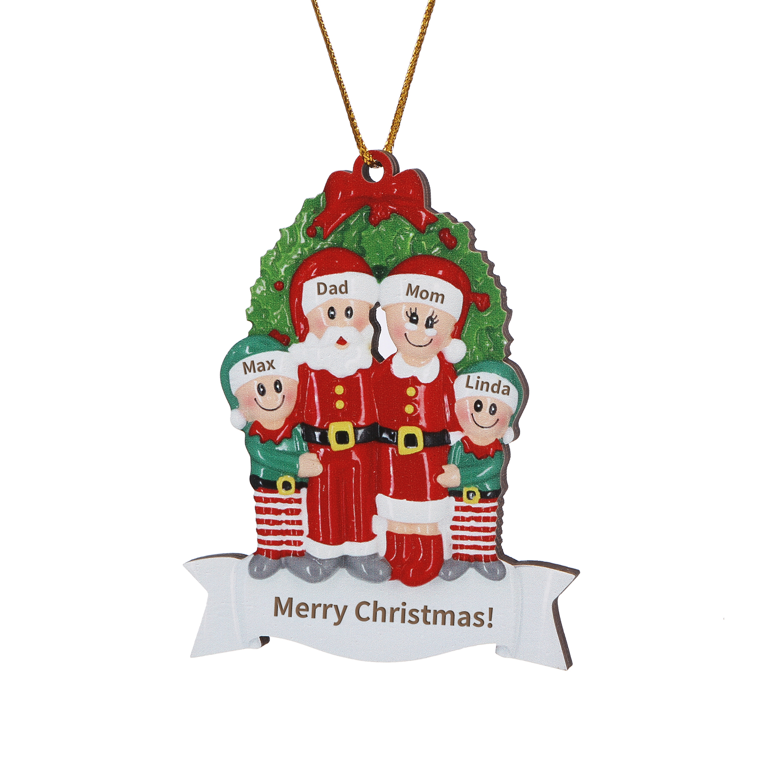 Personalized Family Wooden Christmas Ornament with Custom 4 Names Wreath Ornament