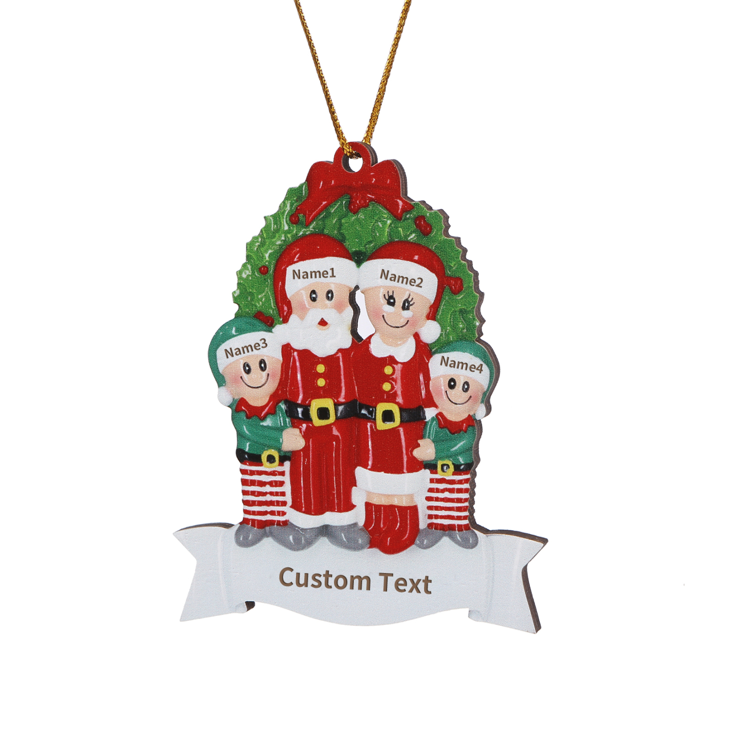 Personalized Family Wooden Christmas Ornament with Custom 4 Names Wreath Ornament