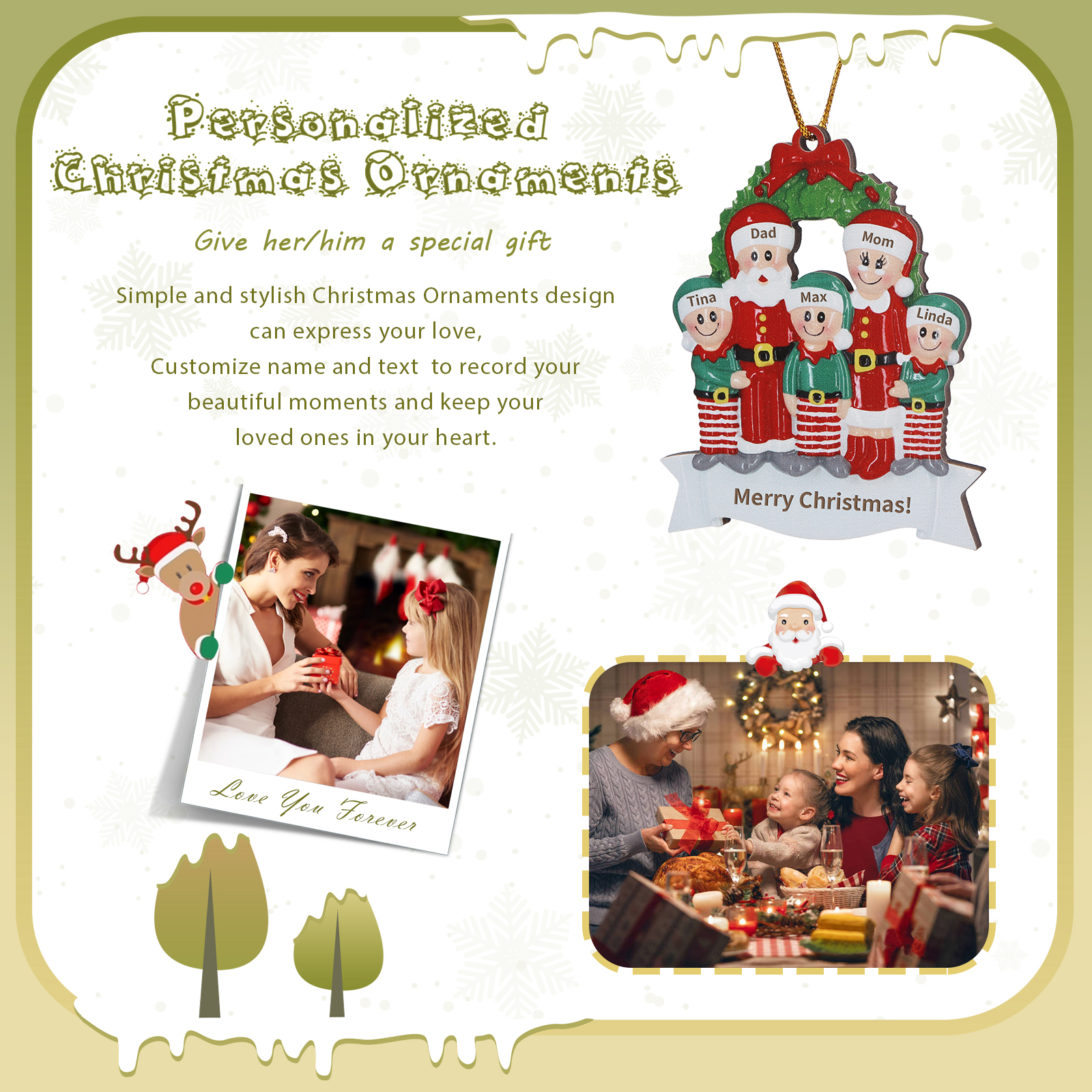 Personalized Family Wooden Christmas Ornament with Custom 5 Names Wreath Ornament