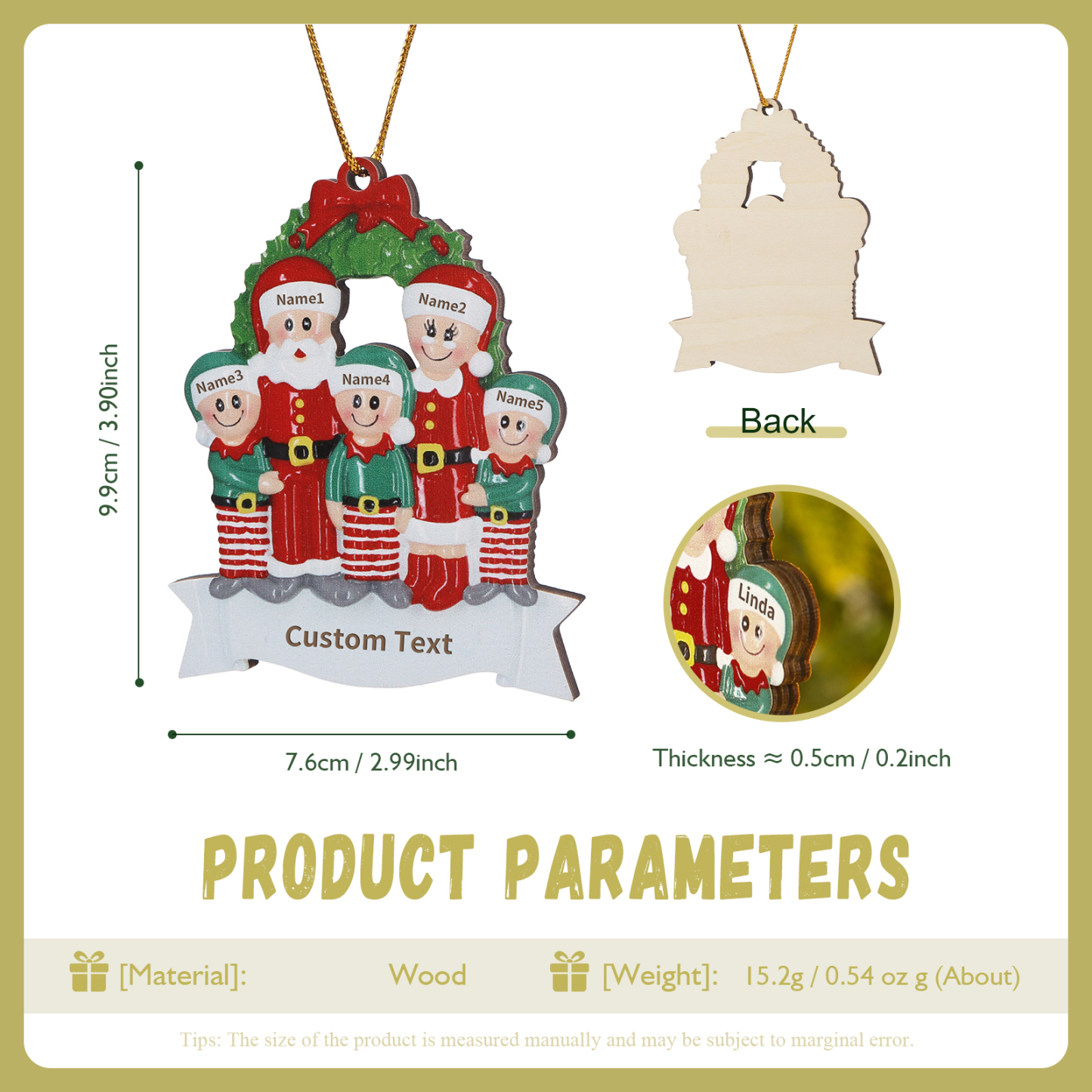 Personalized Family Wooden Christmas Ornament with Custom 5 Names Wreath Ornament