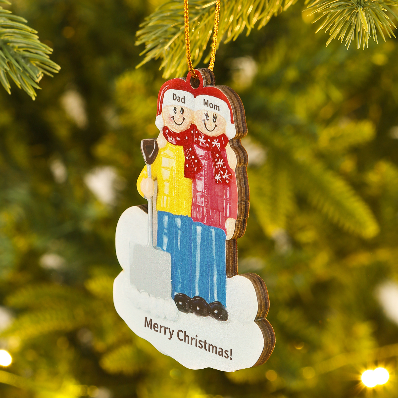 Snow Shoveling Family Personalized Wooden Christmas Ornament with Custom 2 Names
