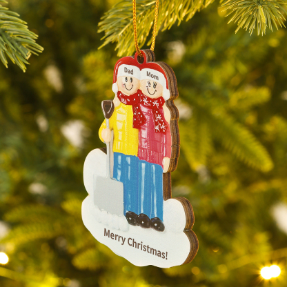 Snow Shoveling Family Personalized Wooden Christmas Ornament with Custom 2 Names